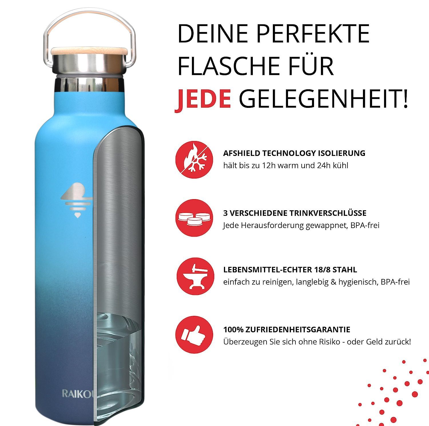 Deckel,350ml/500ml/750ml/1000ml 12H bis Seeblau/Dunkelblau Edelstahl kalt,mit RAIKOU Isolierflasche Vakuumisolierte heiß zu Trinkflasche Wasserflasche / Thermoflasche, 24H 2