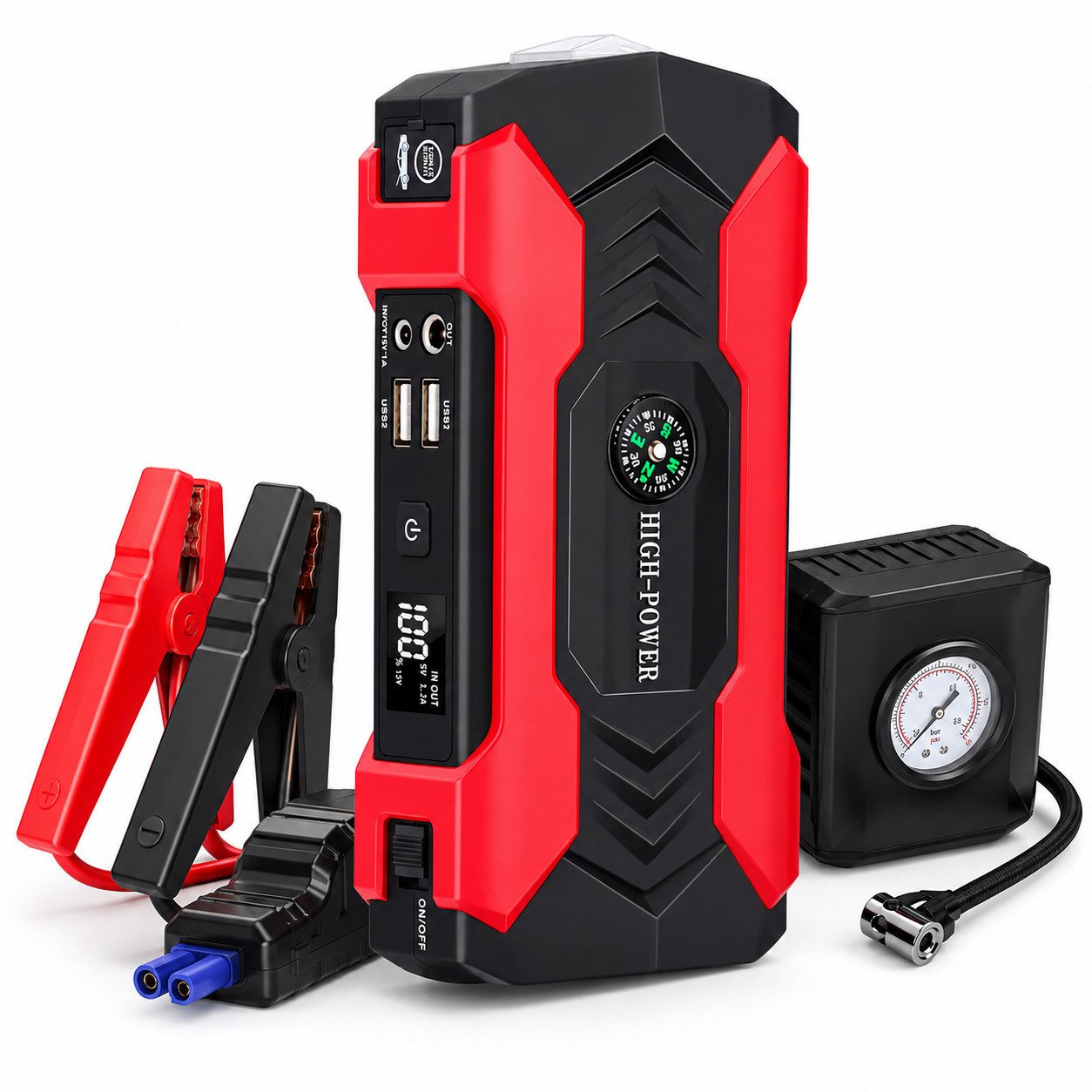 Tekoo Starthilfe Powerbank 12V 600A mit Kompressor und LED Notlicht Autobatterie-Ladegerät (Packung, Starthilfe-Set mit Kompressor, Powerbank und Zubehör, 12V, 600A, 7200 mAh, Kompressor, LED-Notlicht)