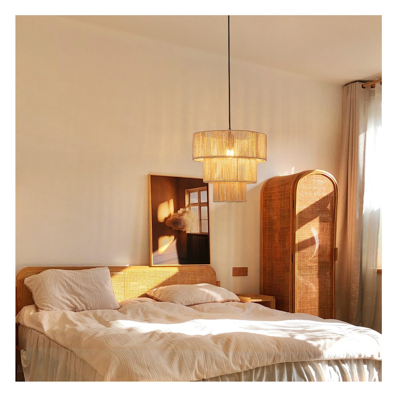 ZMH Pendelleuchte Esszimmer 1 Flammig Beige Hängeleuchte Rattan Boho für Bar Resturant, Einfache Installation, ohne Leuchtmittel, E27 Esstischlampe 150 CM Höhenverstellbar