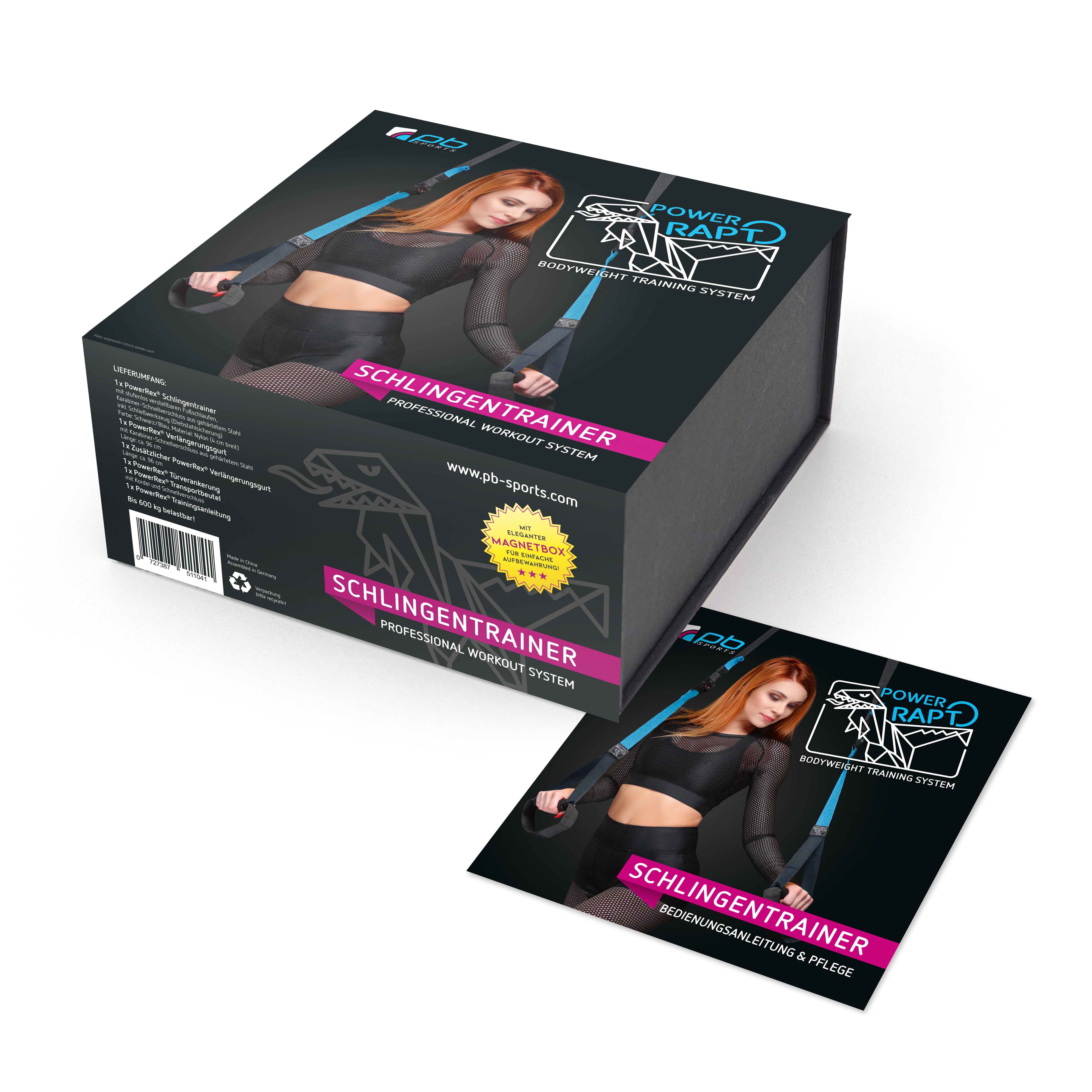 PowerRapto Schlingentrainer STUFENLOS VERSTELLBARE SCHLAUFEN Edle Magnetbox Stahlschlitten, Korrosionsbeständige Karabiner, abschließbar, 600kg belastbar