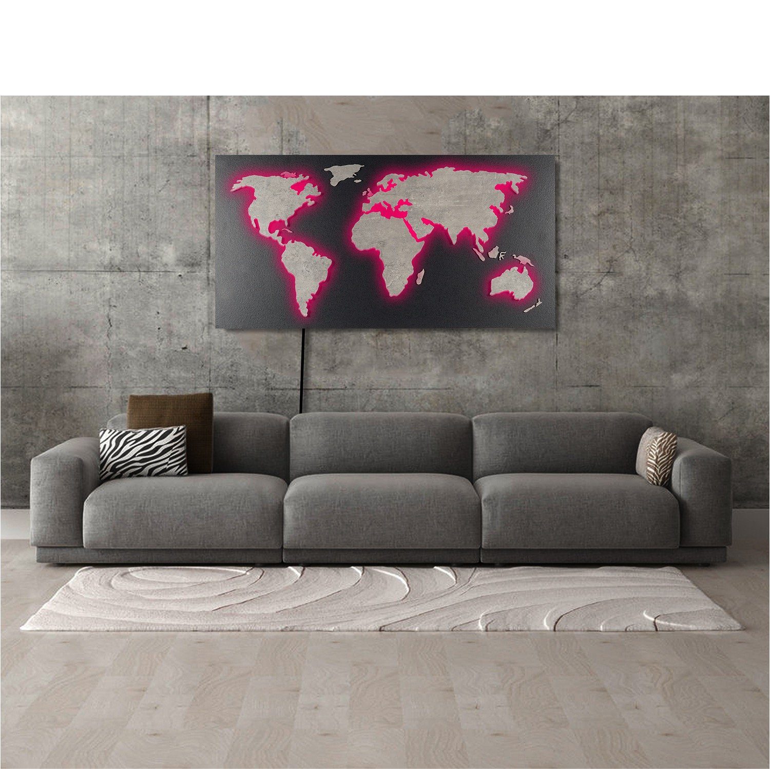 ZENLED Wanddekoobjekt Weltkarte LEDs Kontinente Beton-Grau Granit-Schwarz, RGB MAPPA 110x57cm Objekt STEIN-Optik Fernbedienung Designer bunt - umleuchtet Rückplatte über mit steuerbaren LUX 3D-Effekt, Länder