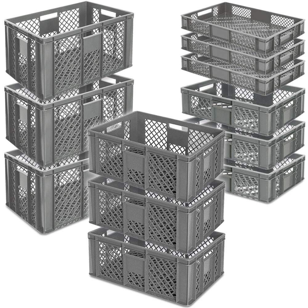 BRB-Lagertechnik Stapelbox 12x Stapelkorb/Bäckerkisten in 4 Größen, Grundmaß LxB 600x400 mm, Euro-Behälter aus hochwertigem, formstabilem Polyethylen-Kunststoff
