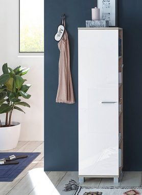 Furn.Design Hochschrank Venni (Badschrank in weiß und Eiche, 38 x 140 cm) Hochglanz lackiert
