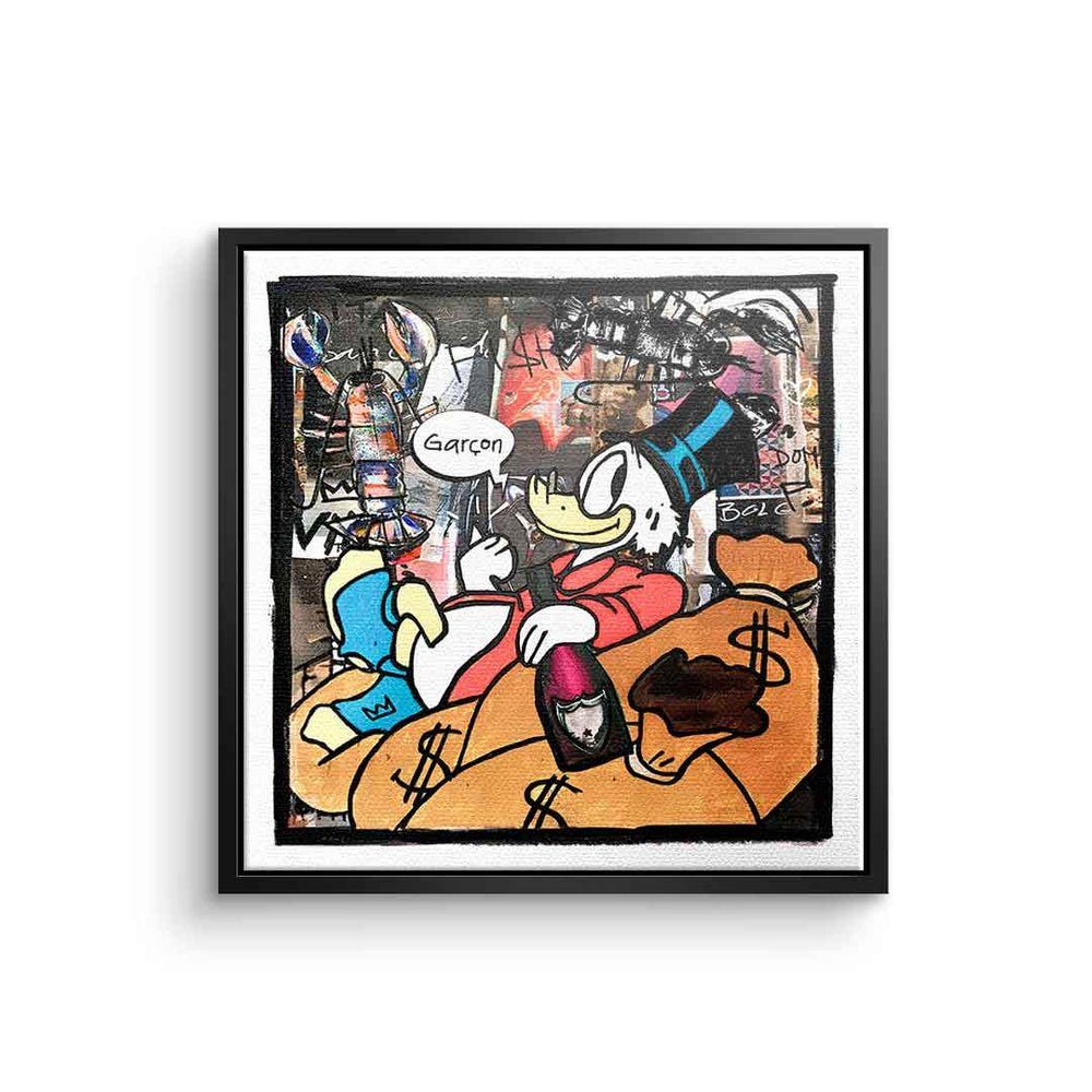 DOTCOMCANVAS® Leinwandbild, Leinwandbild Pop Art Dagobert Duck Lobster Life Geld money hustle mit schwarzer Rahmen