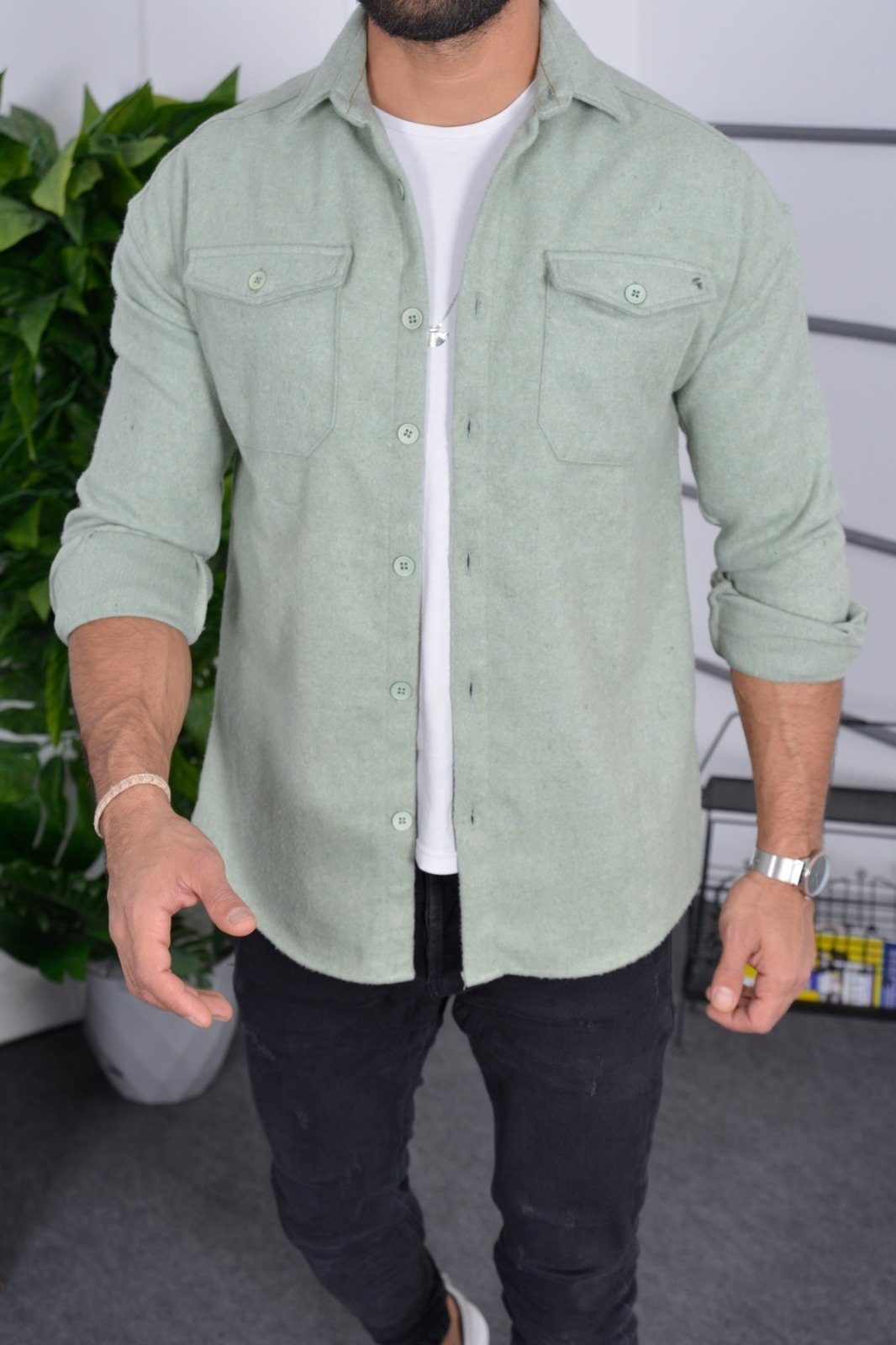 Megaman Jeans Langarmhemd Dickes Hemd Hemdjacke Freizeithemd Holzfällerhemd Unifarben H5592