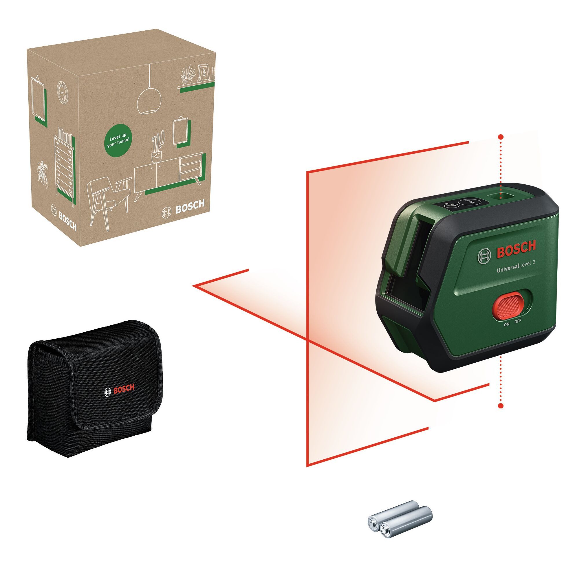 BOSCH Punkt- und Linienlaser UniversalLevel 2, Kreuzlinien-Laser m. Lotfunktion m. 2 x 1,5 V Batterie LR6 - in