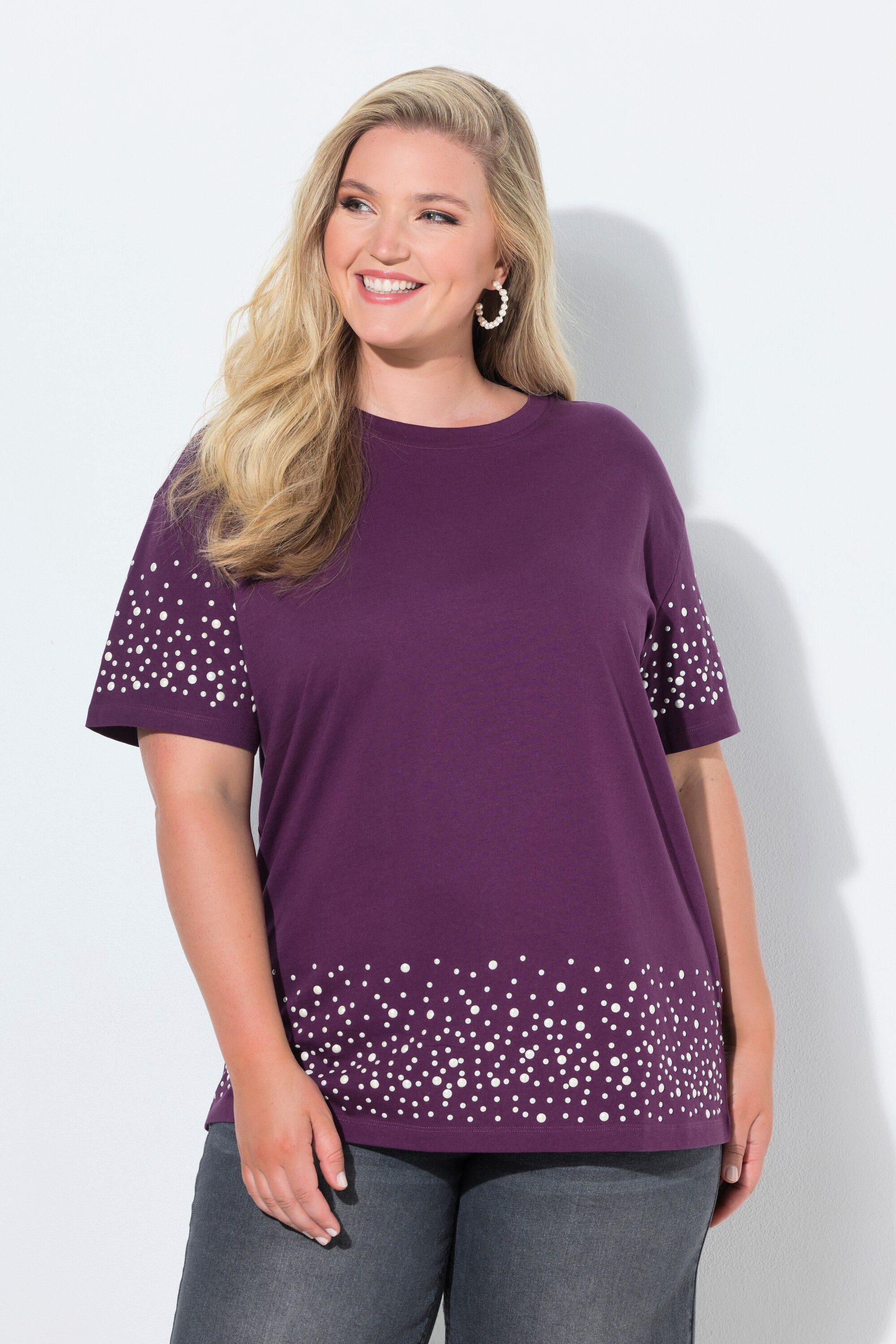 MIAMODA T-Shirt T-Shirt Boxy Fit Halbarm und Saum mit Zierperlen