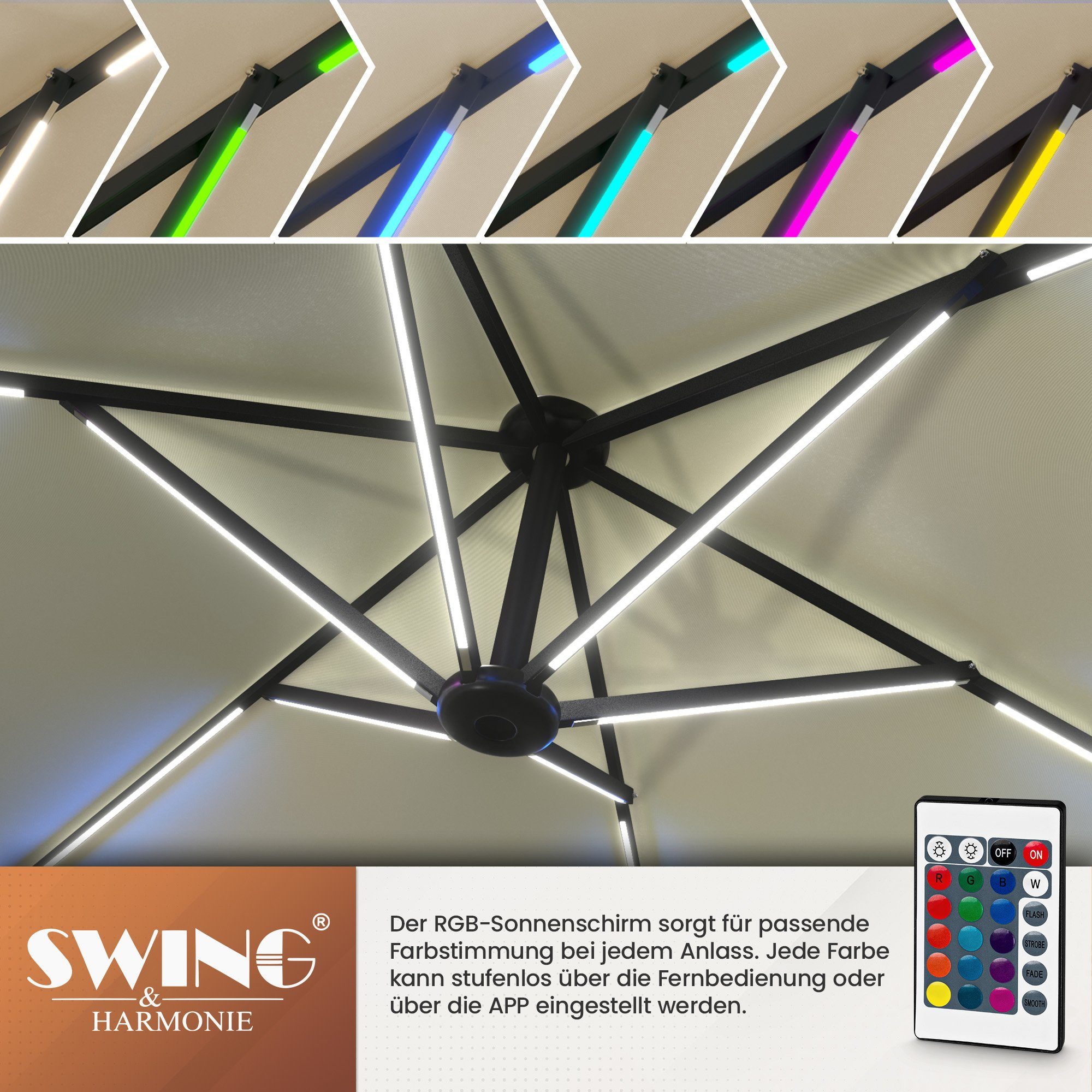 Swing&Harmonie Sonnenschirm mit RGB Beleuchtung LED Ampelschirm Garten Schirm, 300 / 350 cm inkl. Fernbedienung, APP Steuerung – Bild 5 von 5