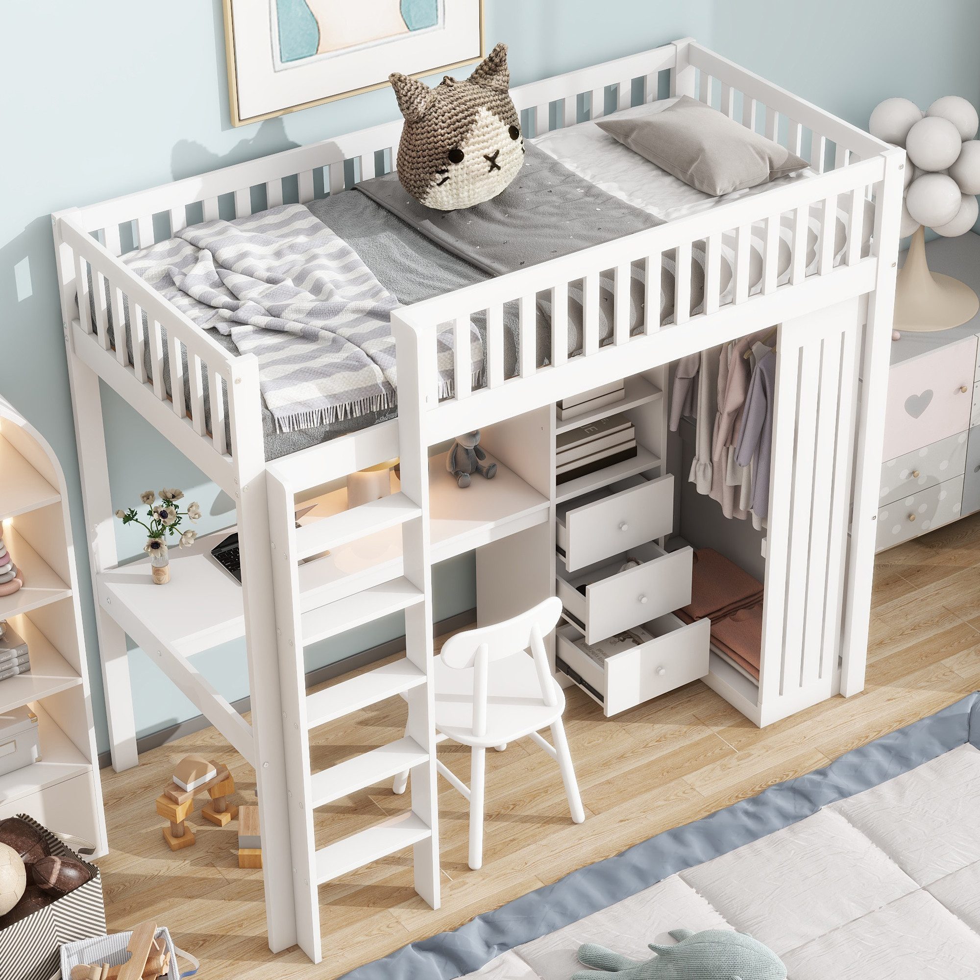 OKWISH Hochbett Funktionsbett,Einzelbett,Jugendbett,Kinderbett,Stauraumbett (Hochbett,mit Schreibtisch und Stauraum Inkl. Kleiderschrank, 3 Schubladen, Geländer und Treppe) ohne Matratze