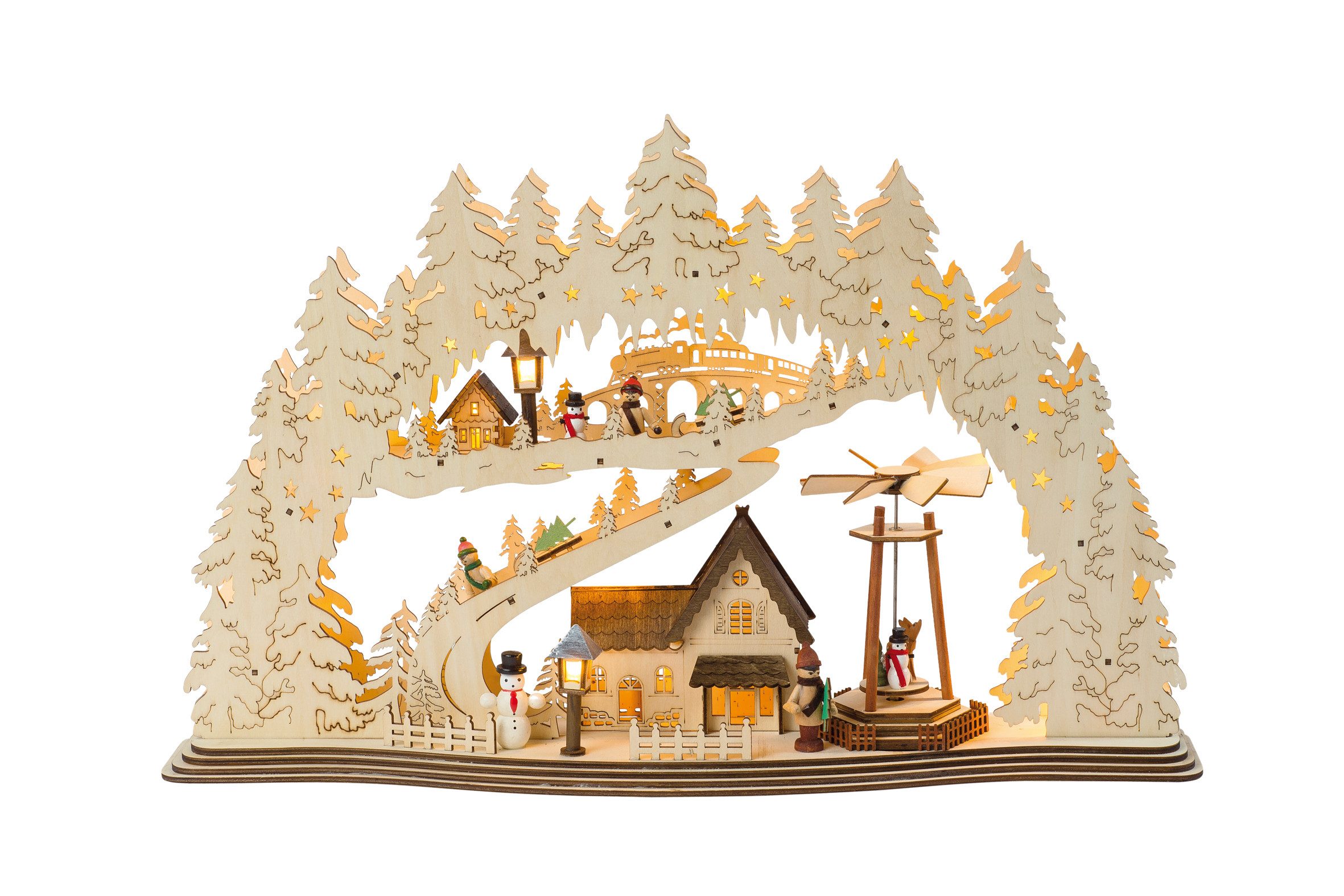 HGD LED Schwibbogen Lichterbogen - Stadt - aus Holz, detaillierte Holzarbeit - zum Dekorieren in der Weihnachtszeit