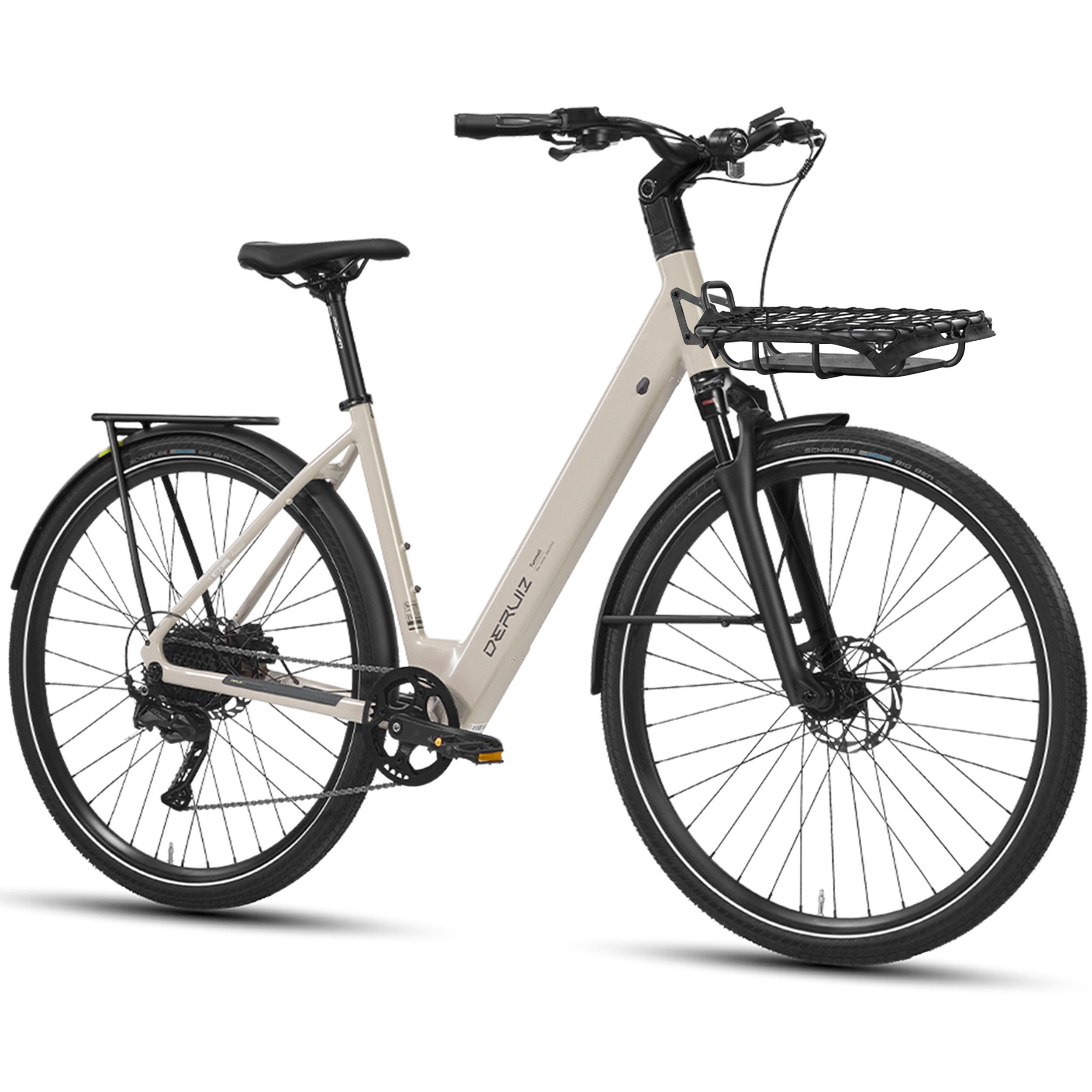 DERUIZ E-Bike Cityrad 28 Zoll, bis zu 110km, Bluetooth und APP, Routenaufzeichnung, nur 20kg, 9 Gang Shinamo, Kettenschaltung, Heckmotor, 360 Wh, (Traglast ca. 140kg, Elektrofahrrad für Damen und Herren, Tiefeinsteiger), Kadenz- und Drehmomentsensor, Lockout-Federgabel. Aluminiumrahmen