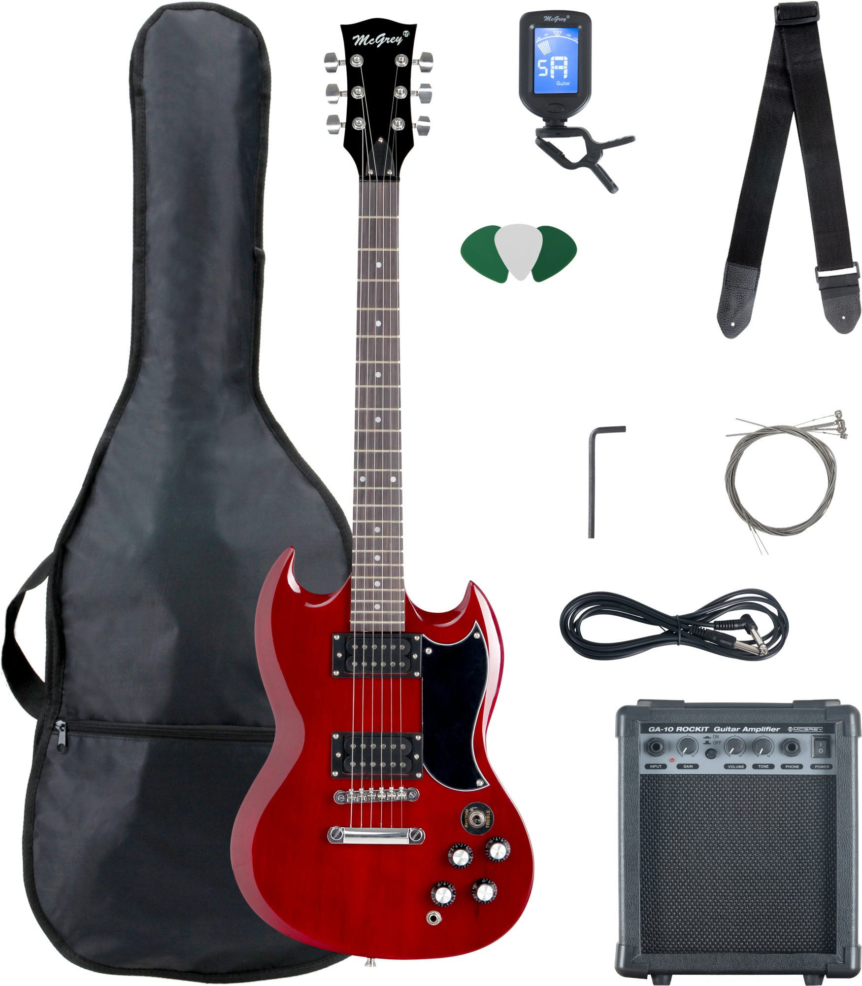 McGrey E-Gitarre McGrey Rockit E-Gitarre Double Cut-Komplettset Cherry Red, Double Cut, Komplettset 4/4, 8-St., inkl. Verstärker, Tasche, Stimmgerät, Plektren, Gurt und Kabel, 10 Watt (RMS) Gitarrenverstärker inklusive!