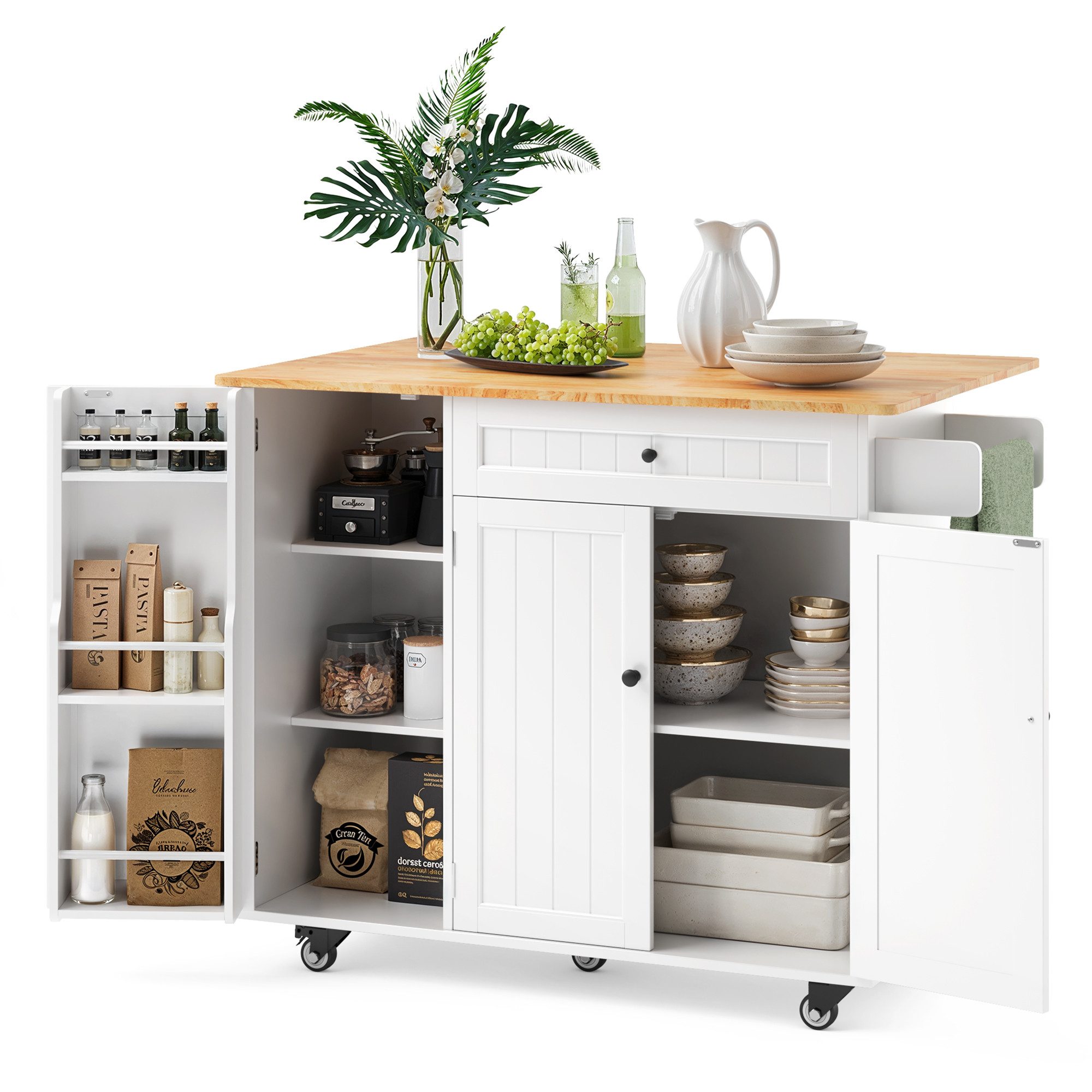 Blishom Küchenwagen Kücheninsel mit Rollen, Klappplatte, 130×75×88 cm, mit Schublade, Gewürzregal und feststellbaren Rollen