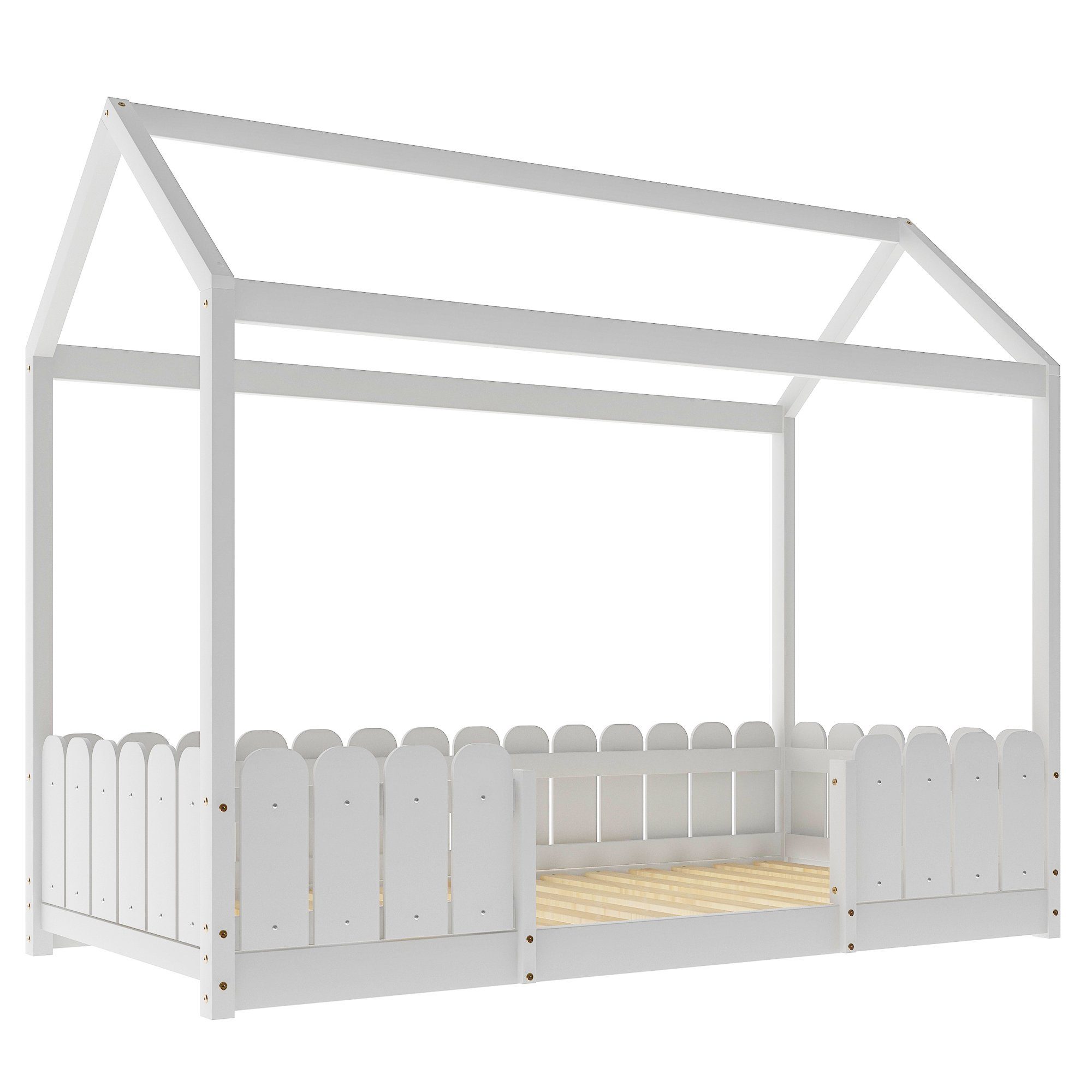 Kinderbett (Hausbett für Kinder, Mädchen und Jungen), Kinderbett 90 x 200 cm mit Rausfallschutz und Lattenrost