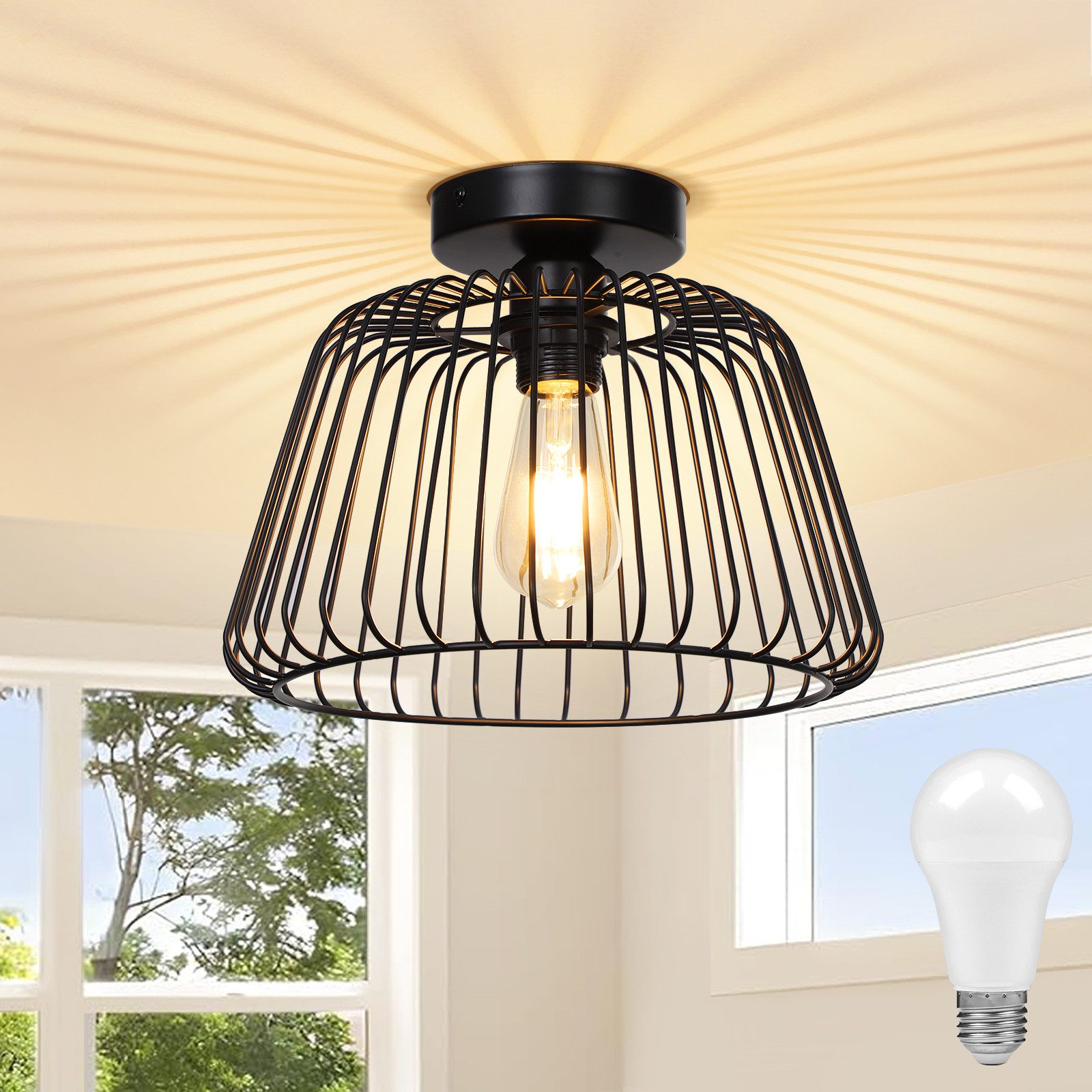 Rosnek LED Deckenleuchte Industrielle Deckenleuchte, Dimmbar, Doppelschichtiger Lampenschirm, Halogen, Durchmesser 30 cm, für Wohnzimmer, Küche, Esszimmer & Schlafzimmer