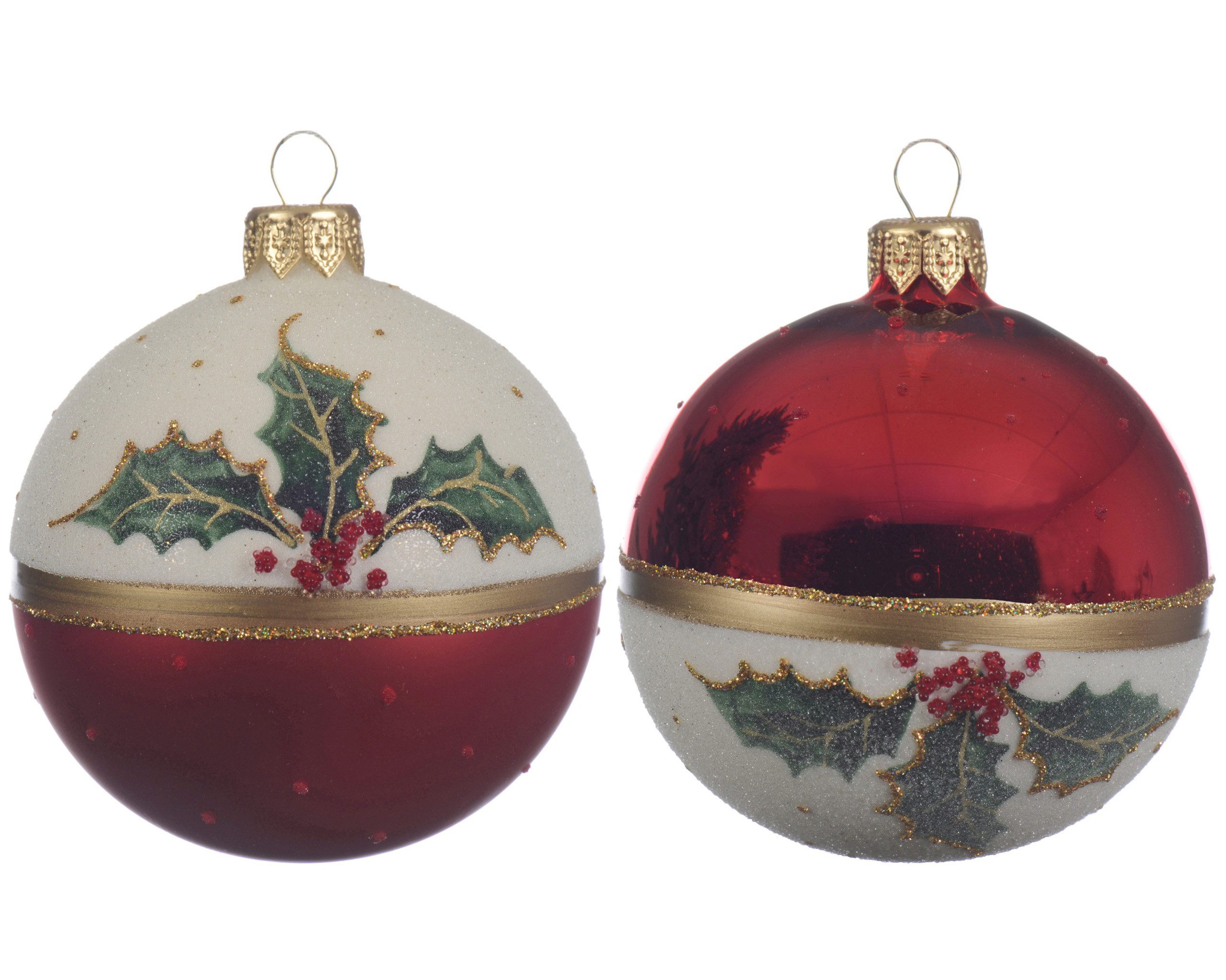 Kaemingk Weihnachtsbaumkugel, Weihnachtskugeln Glas mit Motiv Mistelzweige 8cm rot / weiß, 6er Set