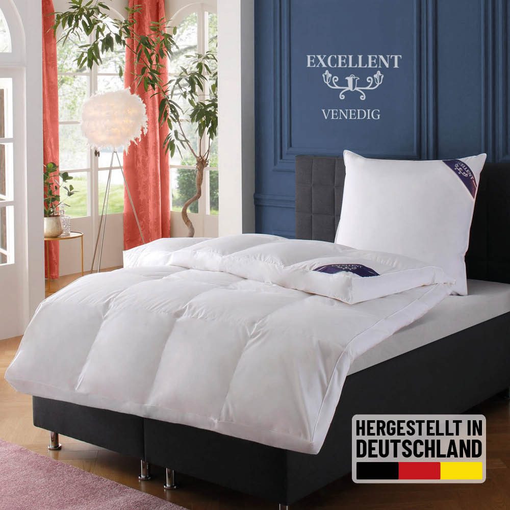 Excellent Daunenbettdecke VENEDIG, Bettdecken für Sommer und Winter, Decke, Füllung: 90% Daunen, 10% Federn, Bezug: 100% Baumwolle, Bettdecke 135x200 cm, 155x220cm und weitere Größen, Made in Germany