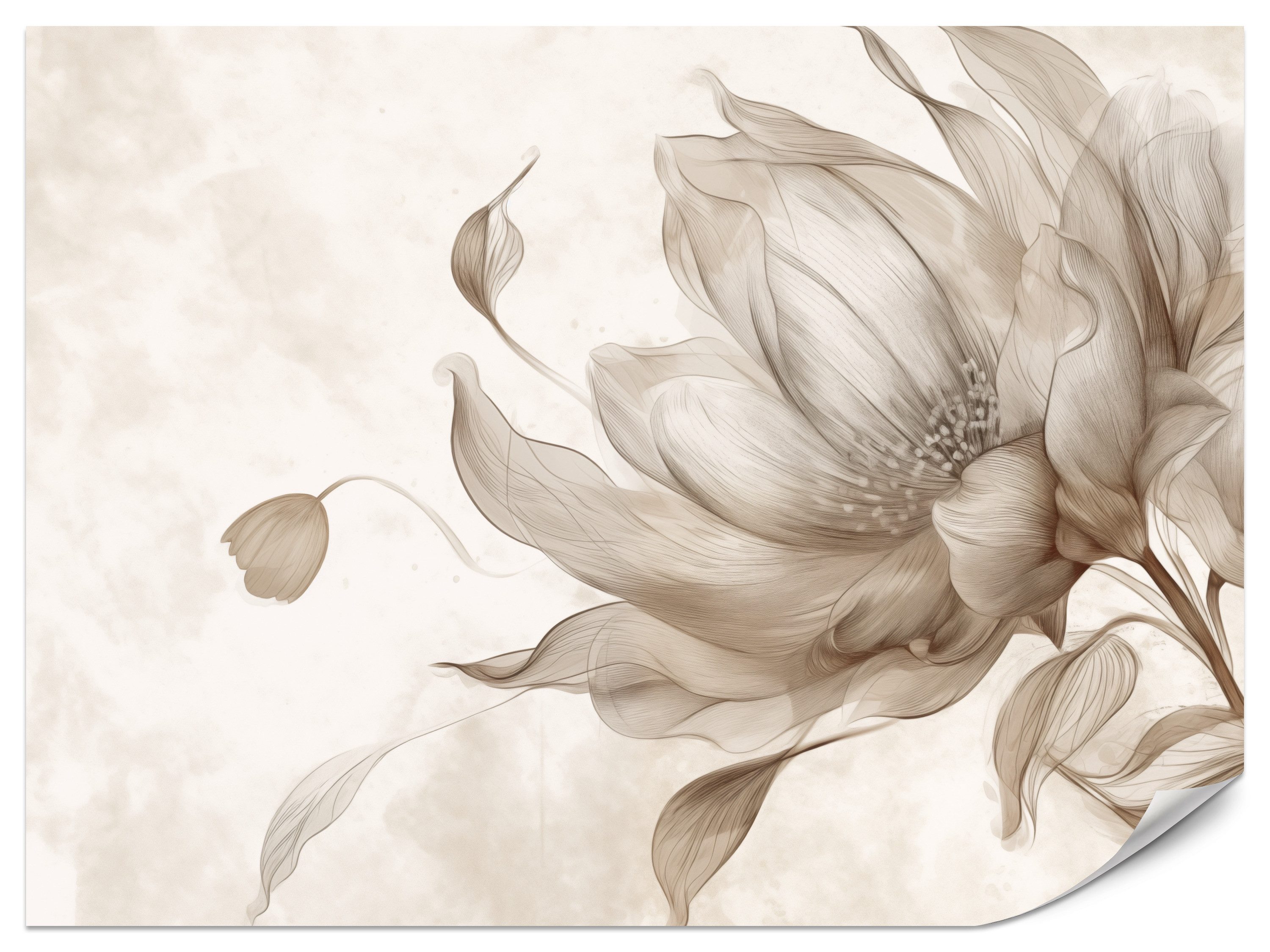 Muralo Fototapete Vliestapete -Blumenmuster, Botanisches Motiv, Zarte Zeichnung, Glatt, Grafisch, (Packung, 1 St., 100x70 cm), Kleber im Set, 3D-Optik, Ins Schlafzimmer, Wohnzimmer