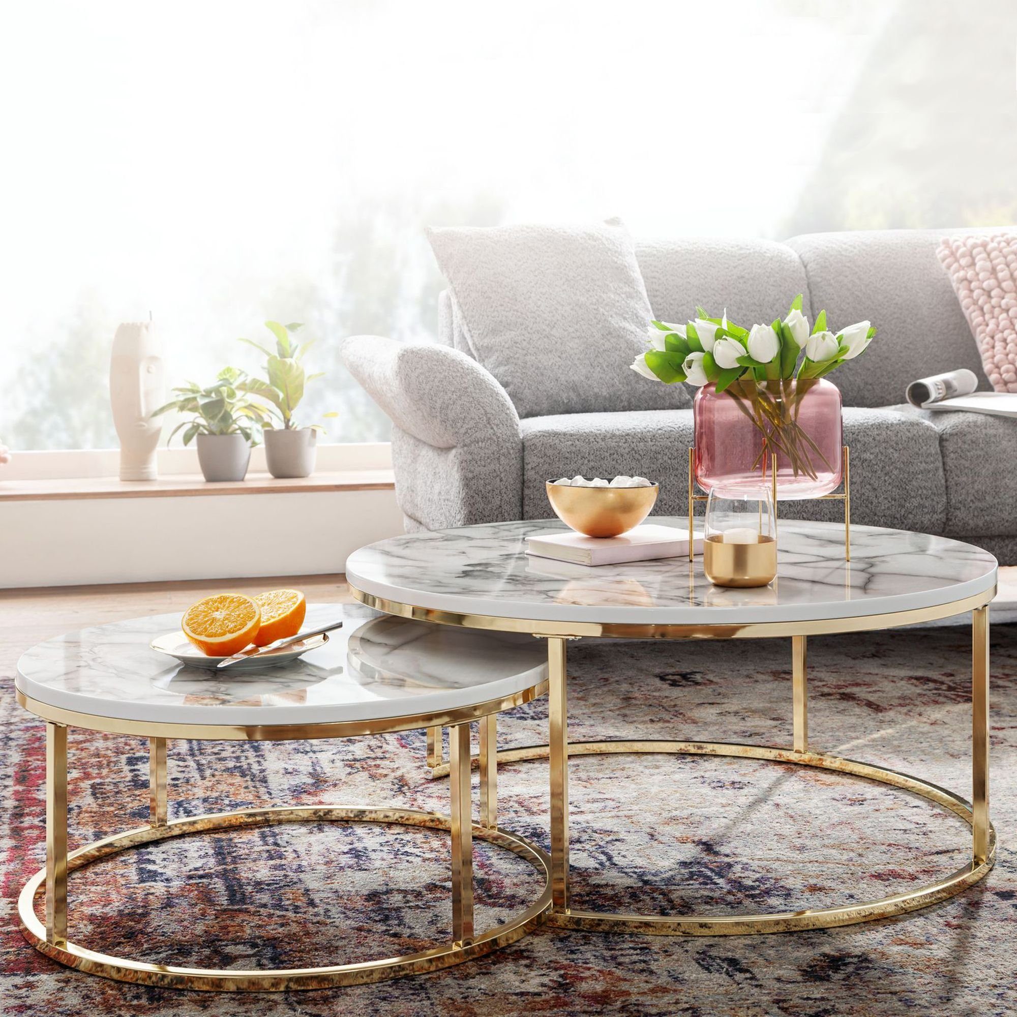 möbelando Couchtisch Couchtisch 2er Set Weiß Gold Marmor Optik Sofatisch Ru günstig online kaufen