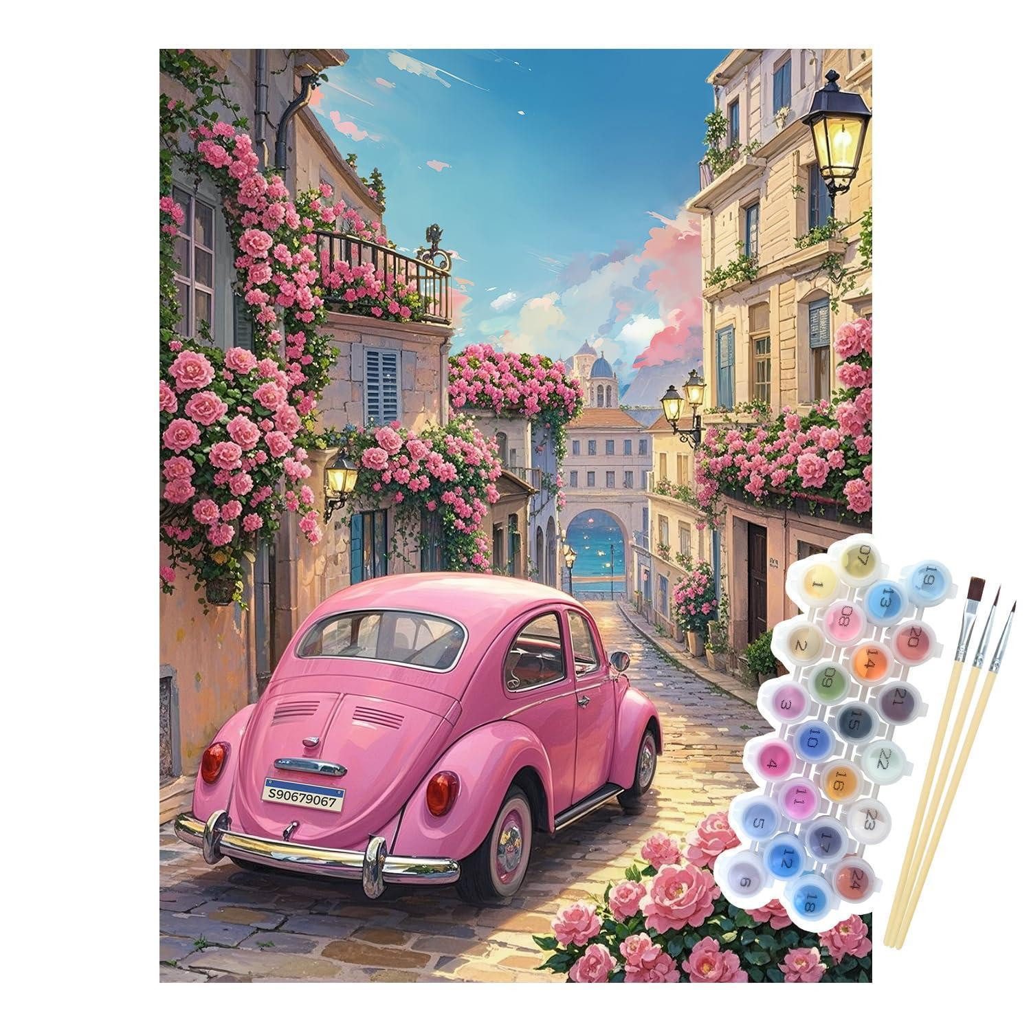 LuxusKollektion Malen nach Zahlen Malen nach Zahlen Leinwand Rosa Auto 40x50cm (1-St)