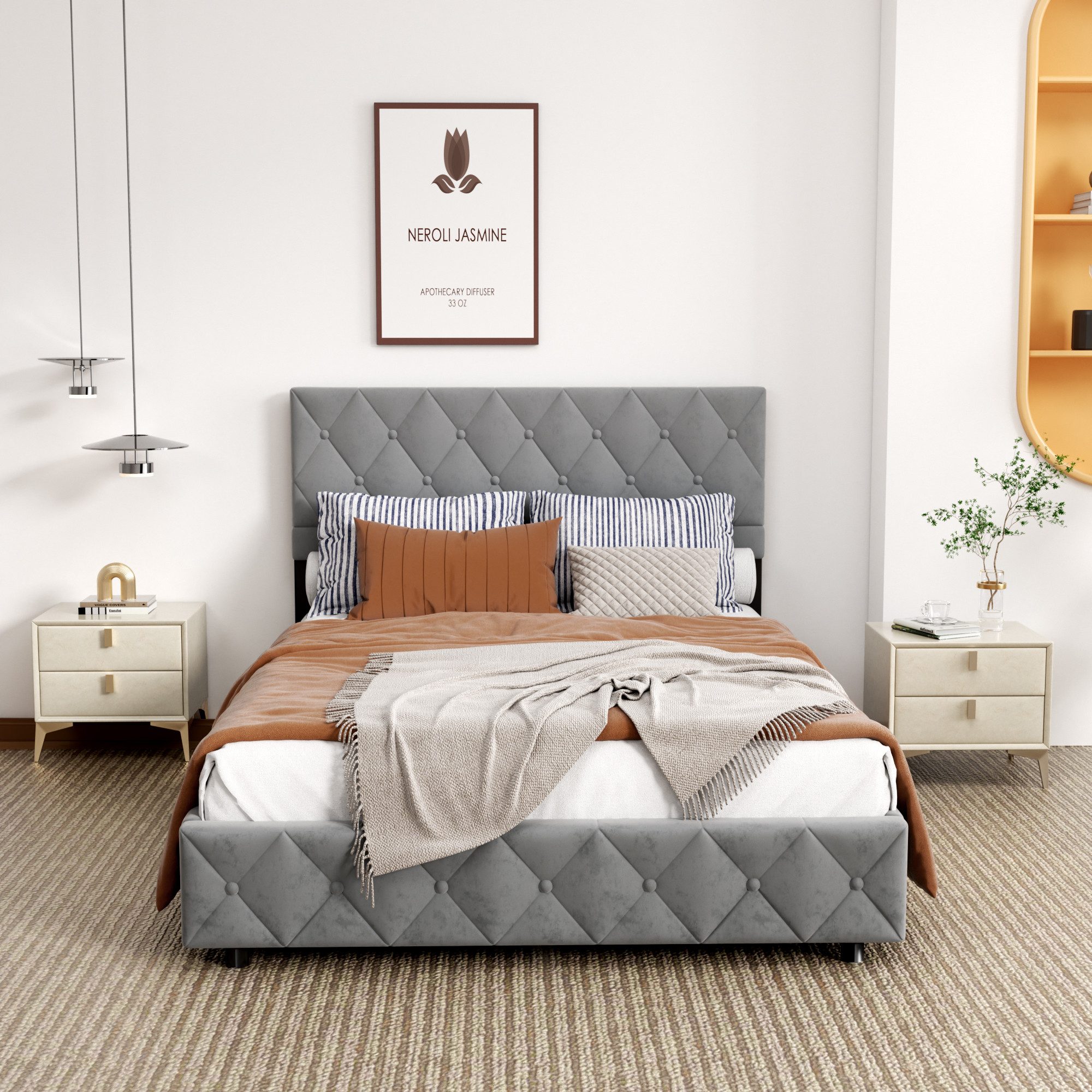 MODFU Polsterbett Schlichtes Design, Komfortbett mit Stauraum (Strapazierfähig und schmutzabweisend,elastische Polsterung, 140x200 cm, Grau, ohne Matratze), inkl. Lattenrost, praktischer Bettkasten