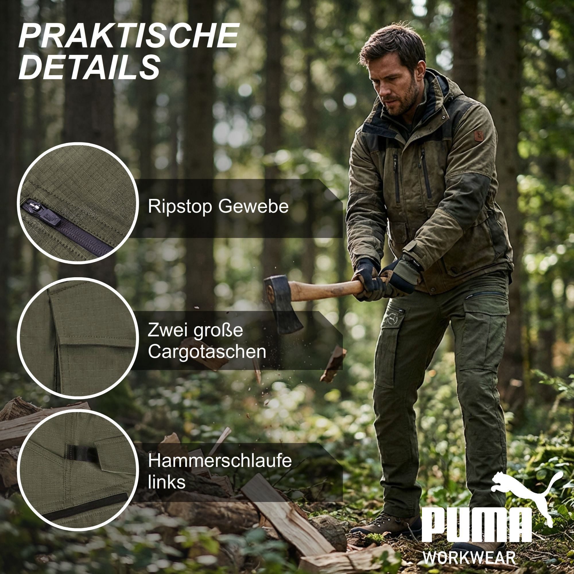 PUMA Workwear Cargohose Arbeitshose Herren – Robuste Hose mit Stretch & Ripstop-Gewebe Gummizug im Bund - Erhöhtes Rückenteil - Hammerschlaufe - Handytasche – Bild 3 von 5