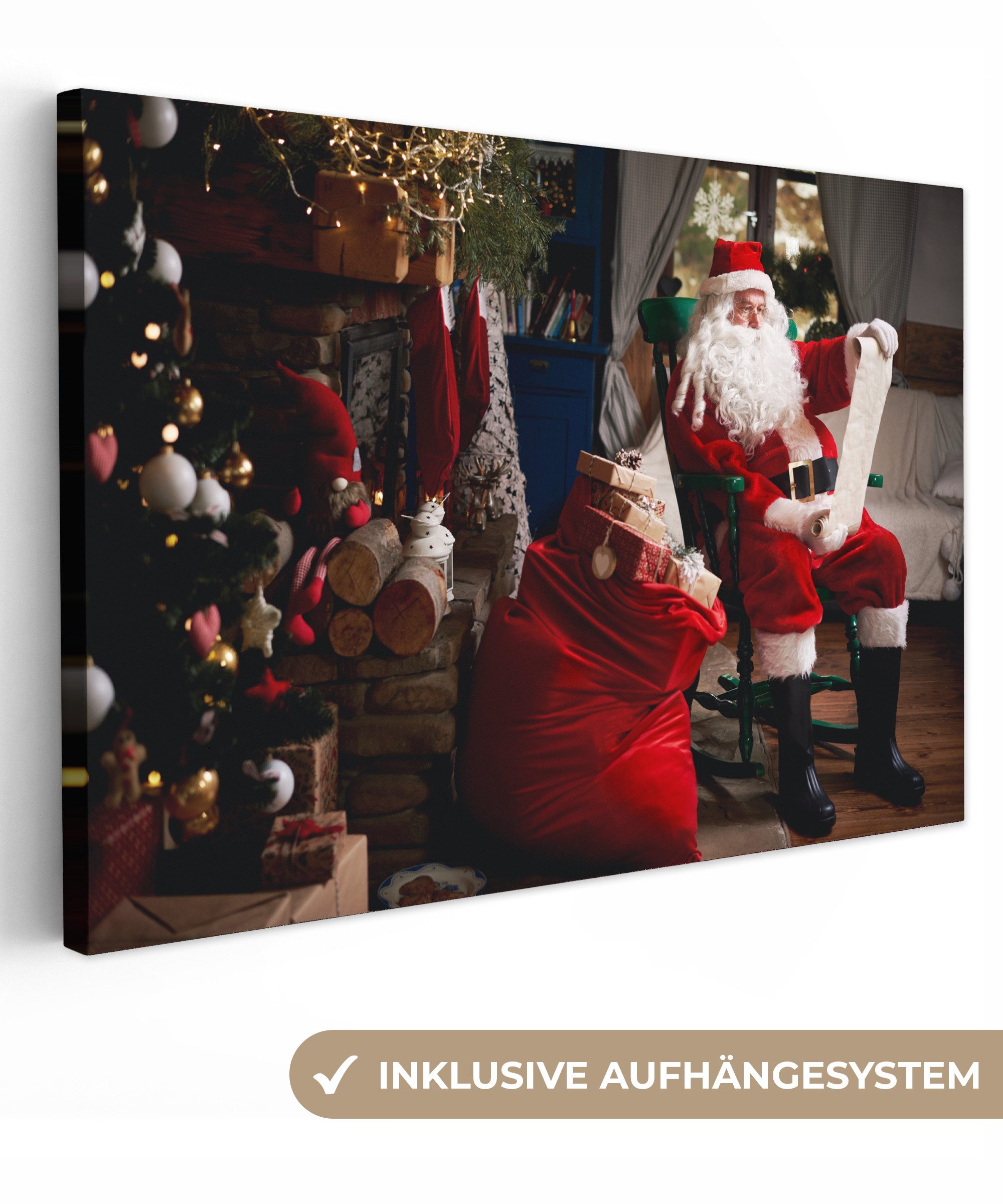 OneMillionCanvasses® Leinwandbild Der Weihnachtsmann sitzt auf einem Stuhl mit einem Sack voller Geschen, Fotodruck (1 St), Leinwand Изображения Klein, Wand Dekoration Aesthetic 30x20 cm