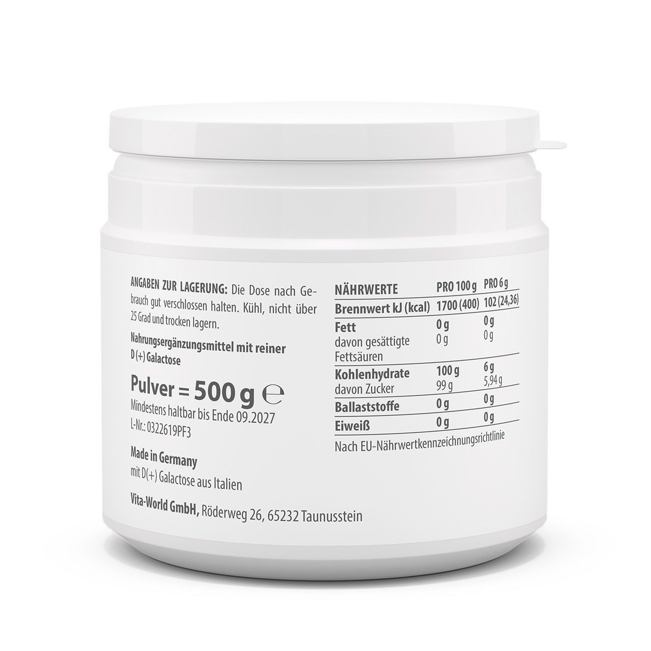 vitaworld D Galactose - Hochrein, ohne Zusatzstoffe - produziert in Italien Pulver, 500 g