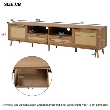 Merax Lowboard Holz mit 2 Schubladen und 2 Türen, Fernsehtisch mit Rattangeflecht Design, TV-Board