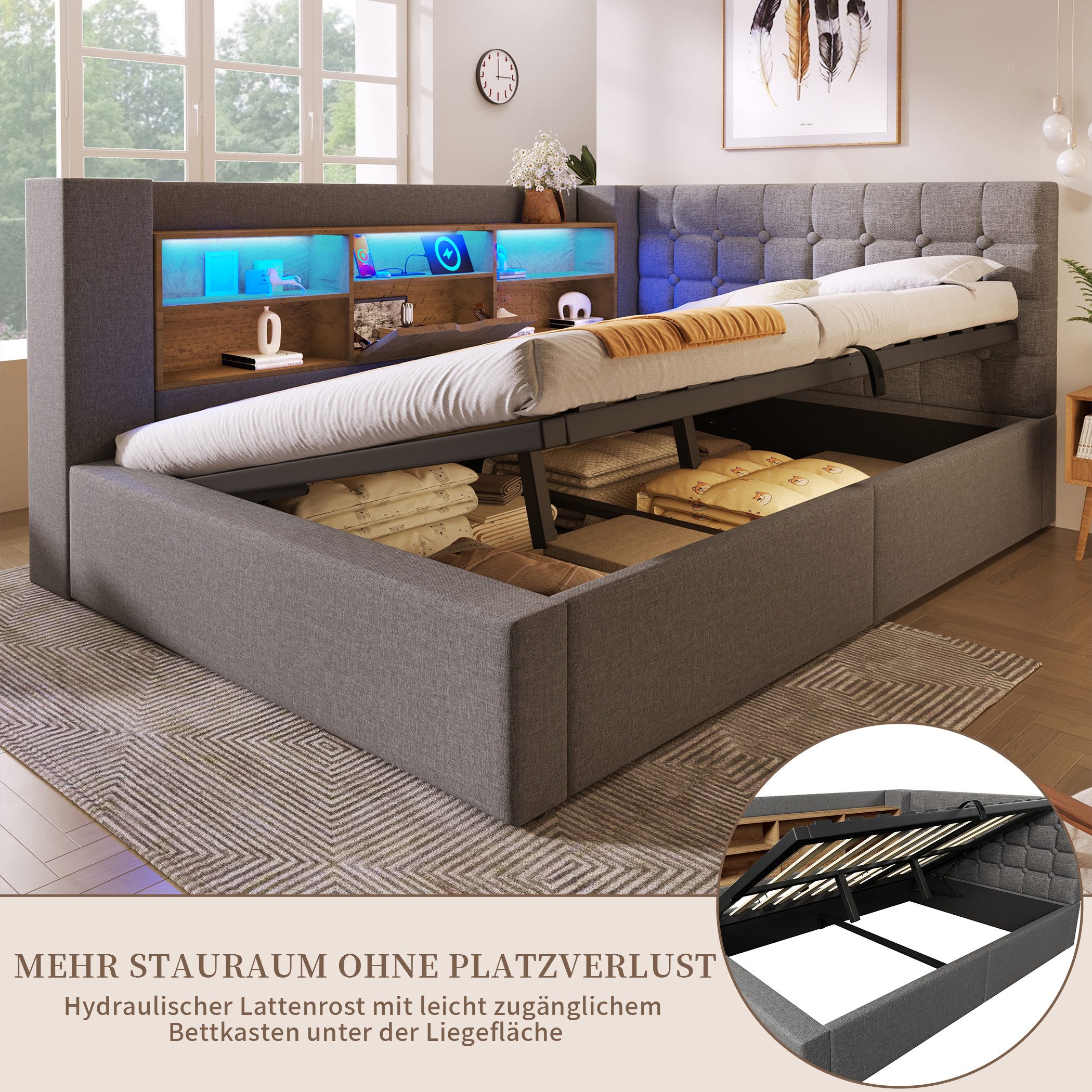 SeedWave Daybett Leinen-Polsterbett mit Stauraum, Lichtleiste&Ladefunktion 90/140×200cm, Tagesbett mit Hydraulik, Schutzgeländer beiderseits montierbar – Bild 5 von 5