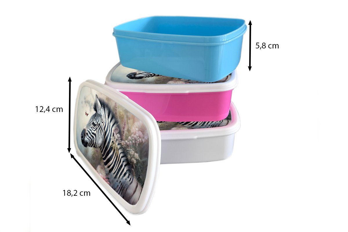 Mädchen, Kunststoff Schmetterling Blumen, Lunchbox für - Kunststoff, Tiere MuchoWow (2-tlg), Wilde - Snackbox, - Brotdose rosa Brotbox Zebra Kinder, Erwachsene,