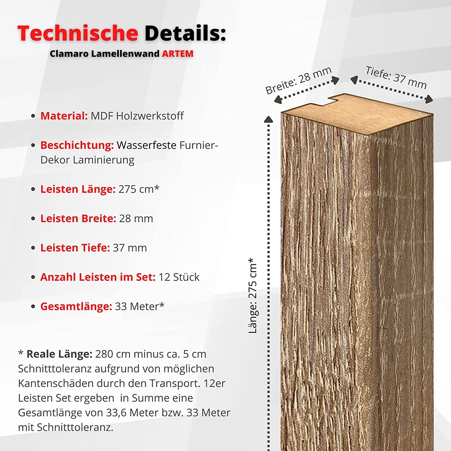 Clamaro Wandpaneel Lamellenwand Set 12 Stück mit Rückwand Holzlamellen 2750x28x37 mm