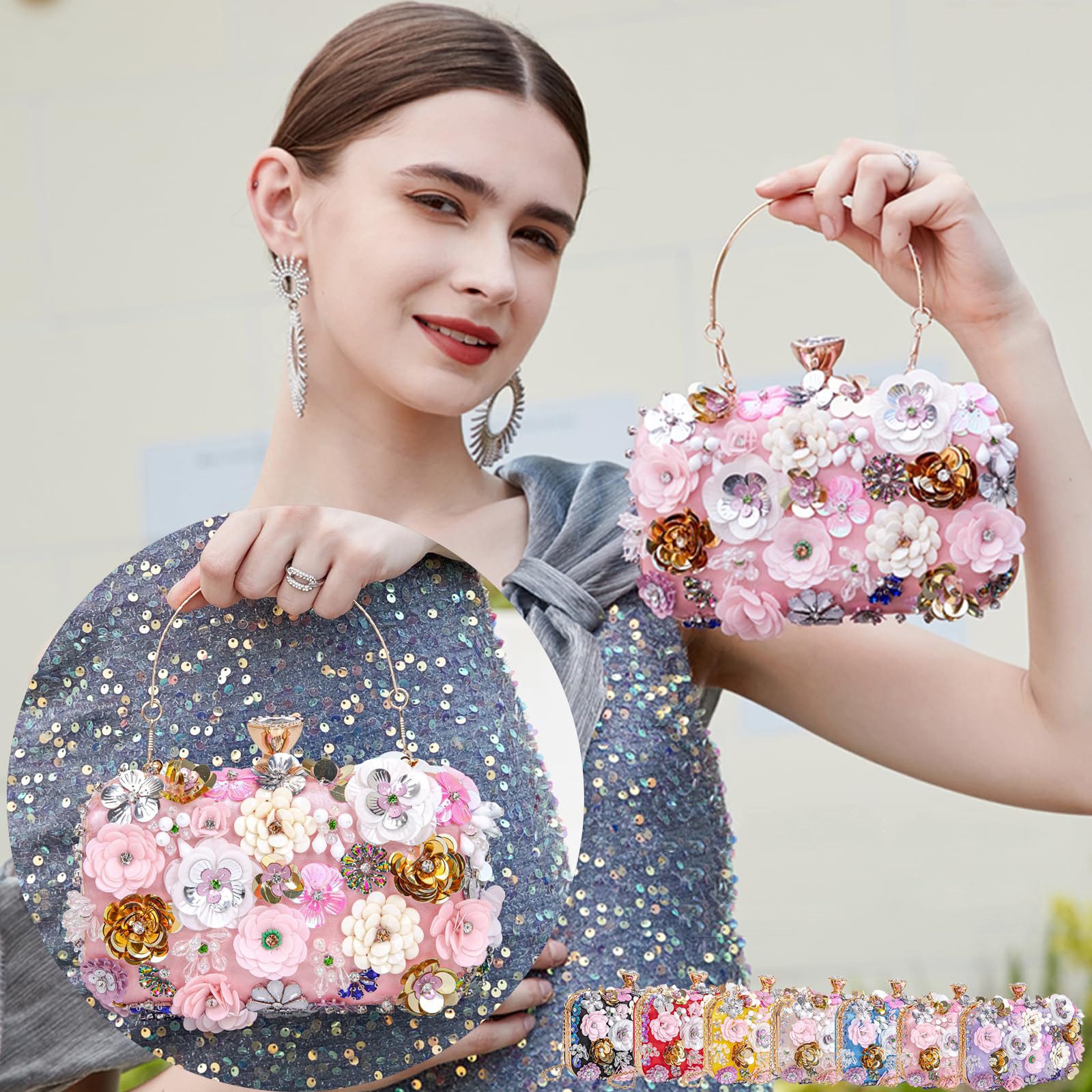 Zaewry Abendtasche Damen-Clutch mit Blumenmuster, Abendhandtasche, Schultertasche, mit Kettenriemen – Bild 3 von 5