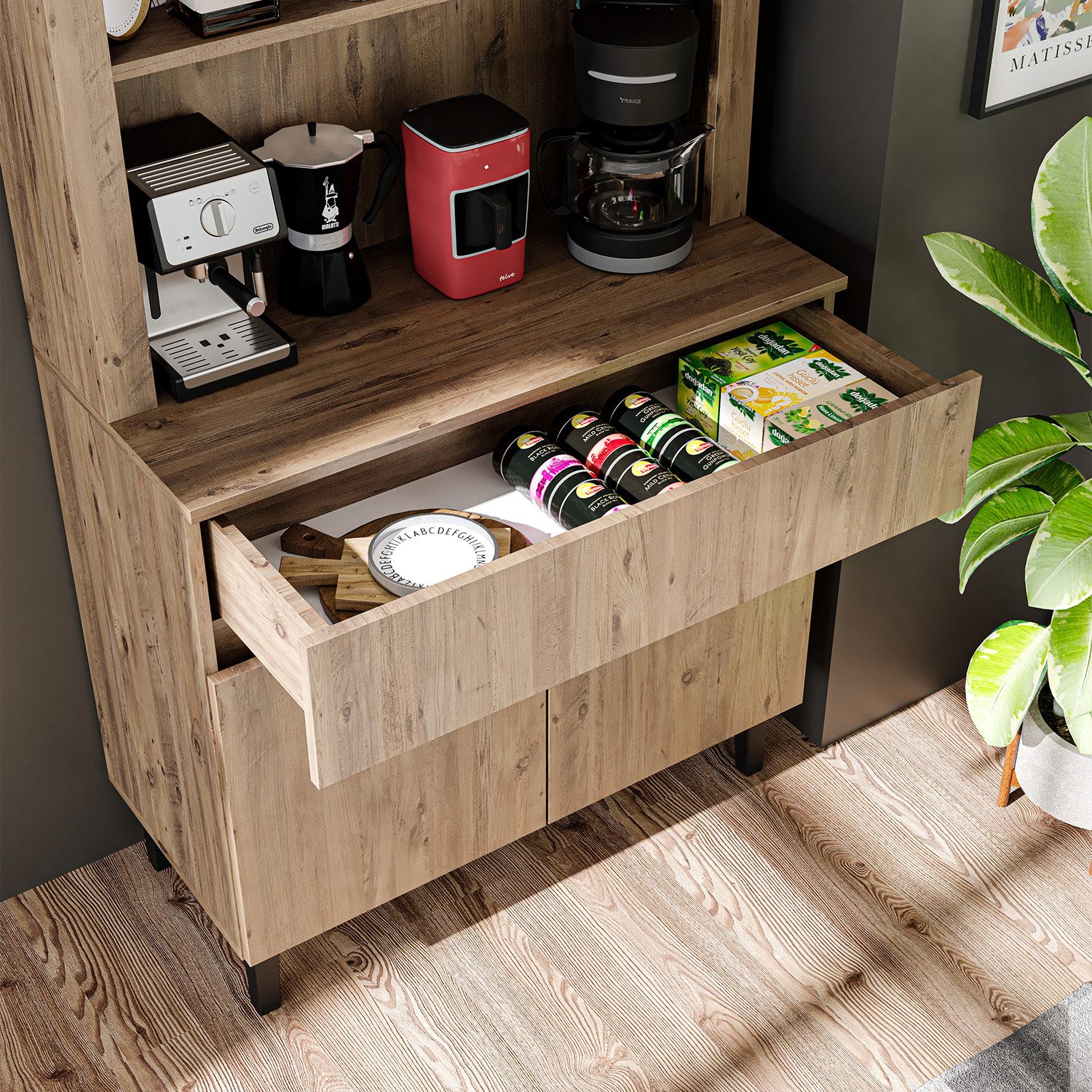 Roomart Küchenregal VENEDIK Küchenschrank 90 cm, Buffet, Schublade in 4 Farben, mit Beleuchtung, offene Nische, Schublade, Einlegeböden in 4 Farben – Bild 3 von 5