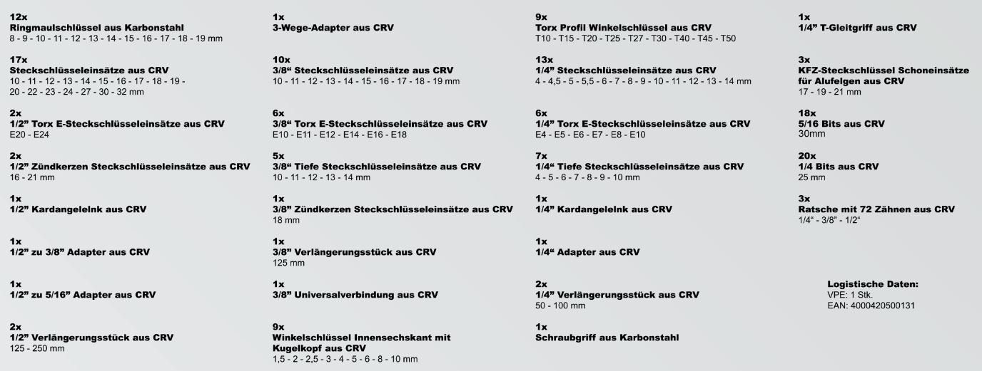 Ratschen, 1/2" Steckschlüsselset, + Karcher Vanadium 1/4" Werkzeugset Chrom (157-St), + 157-teilig, 3/8"
