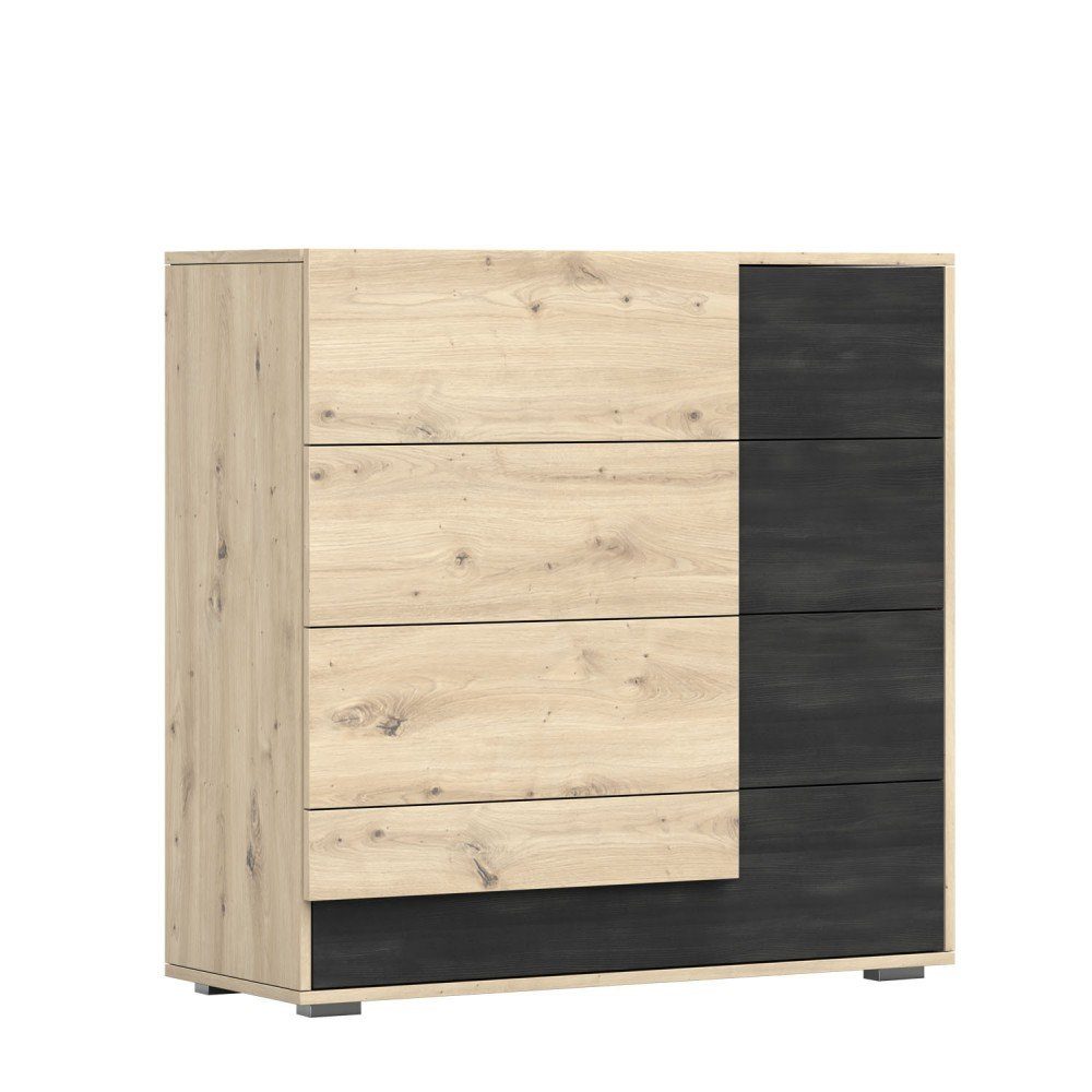MOEBLO Kommode MALEZJA 4S (Sideboard Wohnzimmer Kommode Schlafzimmer Komodenschrank Highboard, Eiche Sonoma + Zirbelkiefer, Vier Schubladen), (B x H x T): 100x90x40 cm