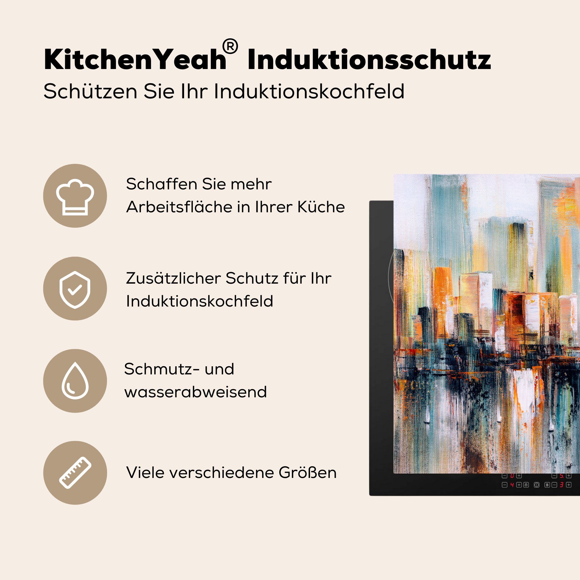 MuchoWow Herdblende-/Abdeckplatte Gemälde - Stadt Mobile Öl, Skyline Ceranfeldabdeckung cm, - (1 70x52 Vinyl, nutzbar, tlg), - Arbeitsfläche