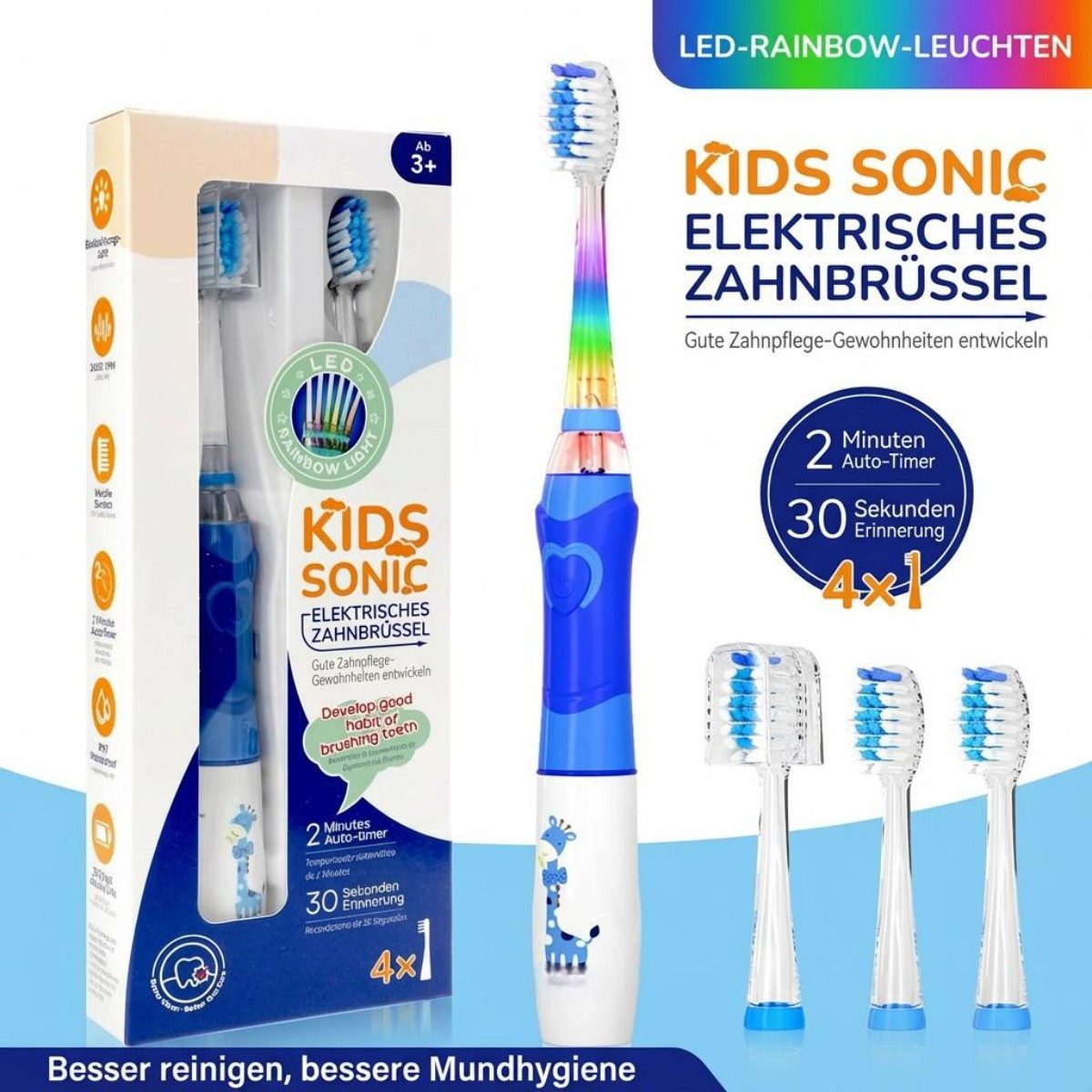 SWGOTA Elektrische Kinderzahnbürste Elektrische Zahnbürste Kinder, 24.000 VPM,kinderfreundliche Reinigung, Aufsteckbürsten: 3 St., 2-Minuten-Timer,30-Sekunden-Intervallen,Regenbogen-LED,Kinder ab 3