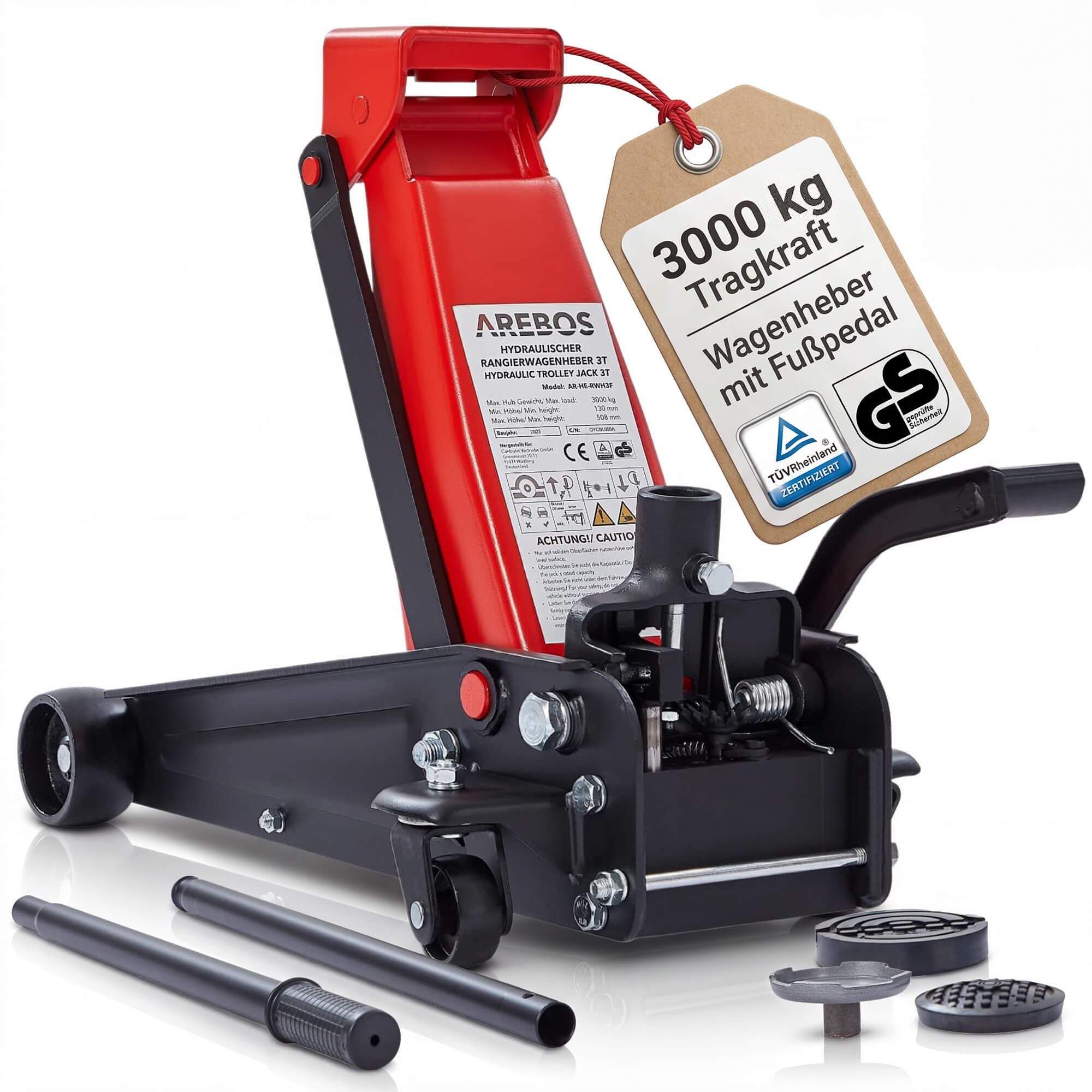 Arebos Rangierwagenheber Rangierwagenheber 3t Hydraulisch mit Fußpedal & Gummi-Pads, 4-tlg., mit Fußpedal, Stabile Stahlkonstruktion – langlebig & robust für Werkstatt & Garage
