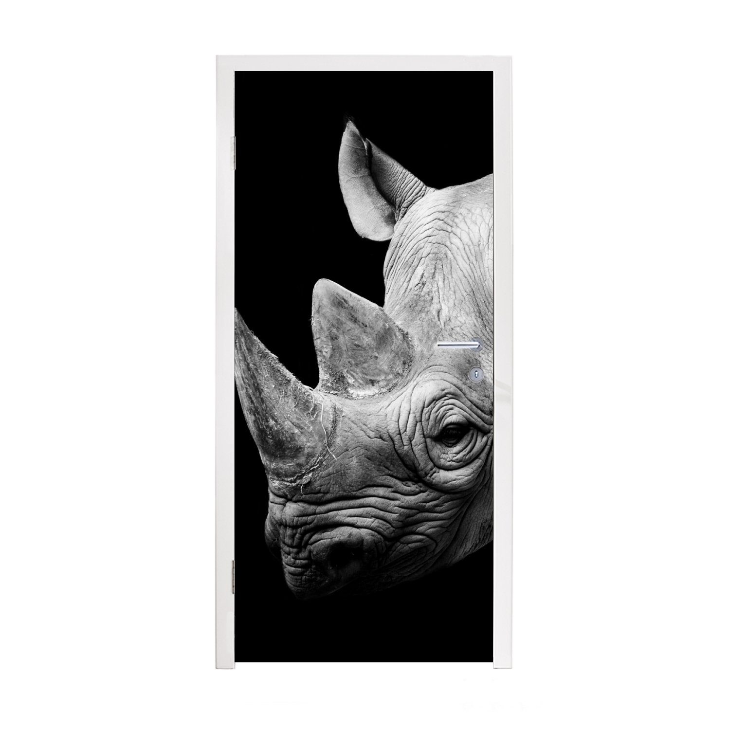 MuchoWow Türtapete Tiere - Nashorn - Schwarz - Weiß - Porträt, Matt, bedruckt, (1 St), Fototapete für Tür, Türaufkleber, 75x205 cm