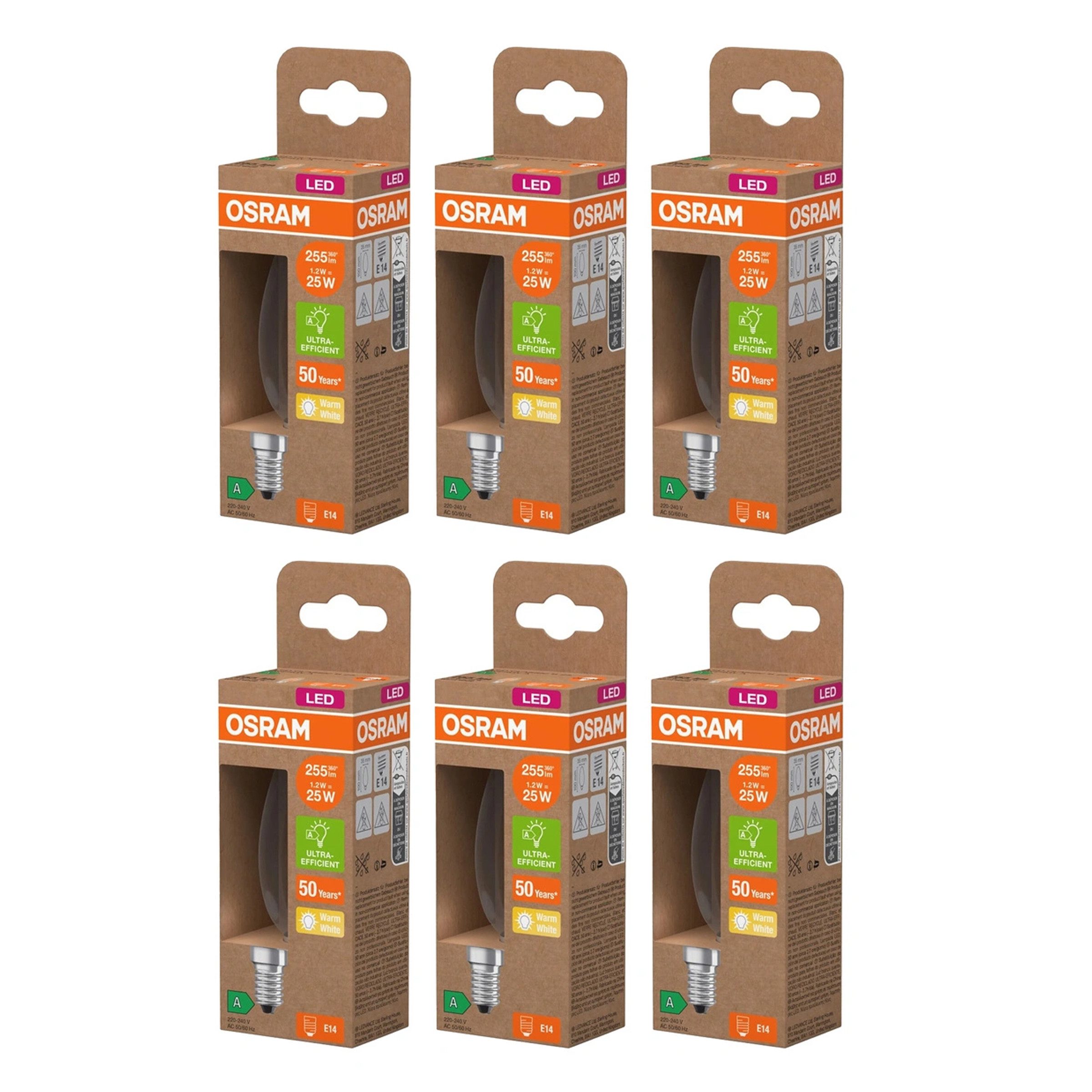 Osram LED-Leuchtmittel Osram LSSPCLB40 LED Filament Kerze 2,2W/827 E14 – 6er-Pack Warmweiß, 6 St.