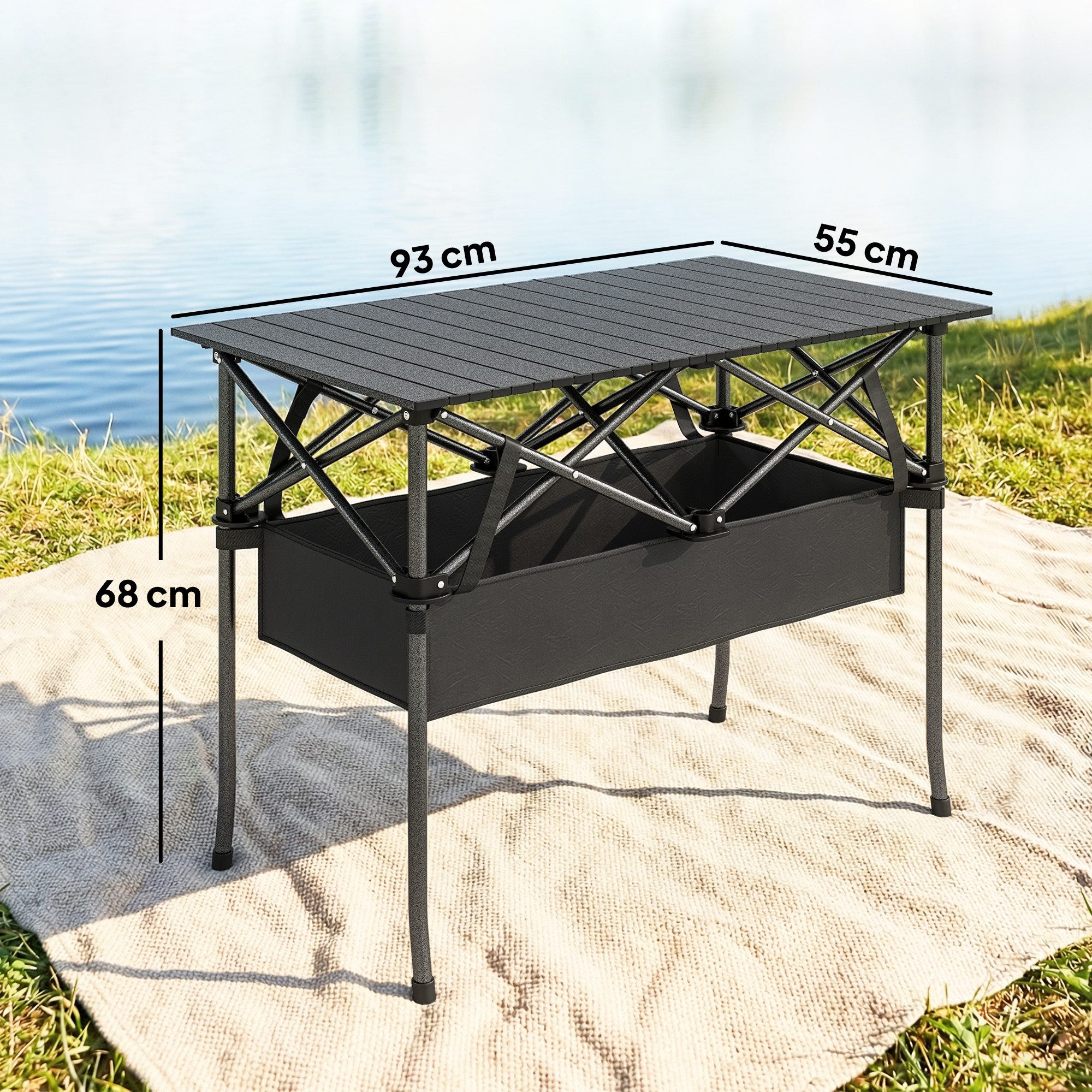 Outsunny Campingtisch Gartentisch Beistelltisch für Garten Balkon Camping Schwarz (Tisch, 1-St., Falttisch), Klappbar, Alu-Tischplatte, mit Netzfach