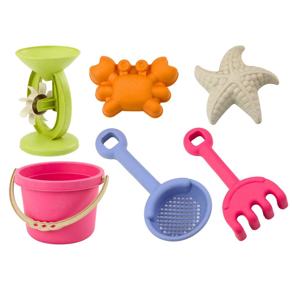 LEAN TOYS Sandeimer Sandspielset Strandspielzeug Sandkastengarnitur, (Spar-Set, 6-tlg., 15 x 15 x 12 cm robust), 6-tlg. Set, Pastellfarben, Sandmühle, Sieb, ab 3 Jahren