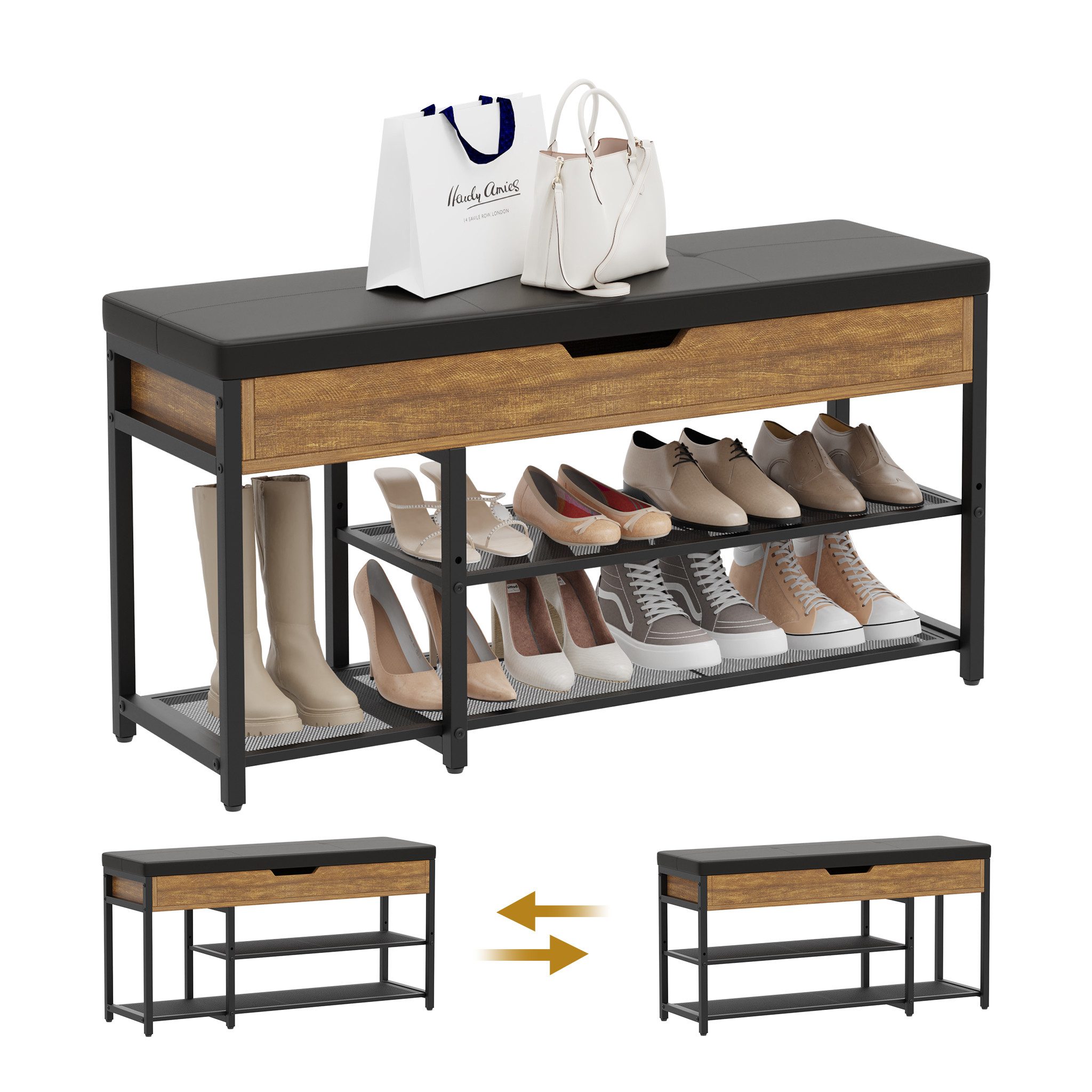 Mondeer Schuhbank Aufbewahrungsbank (3 Etagen), mit Verstellbarem Regal, mit gepolstertem Sitz und verdeckter Lagerung