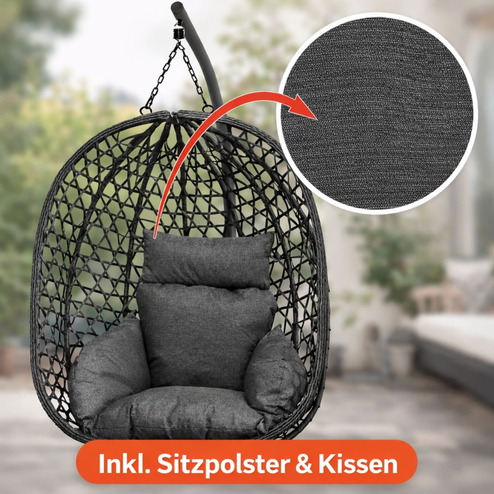 BURI Hängesessel Hängesessel Hängestuhl Anthrazit Hängeschaukel Indoor Outdoor + Kissen