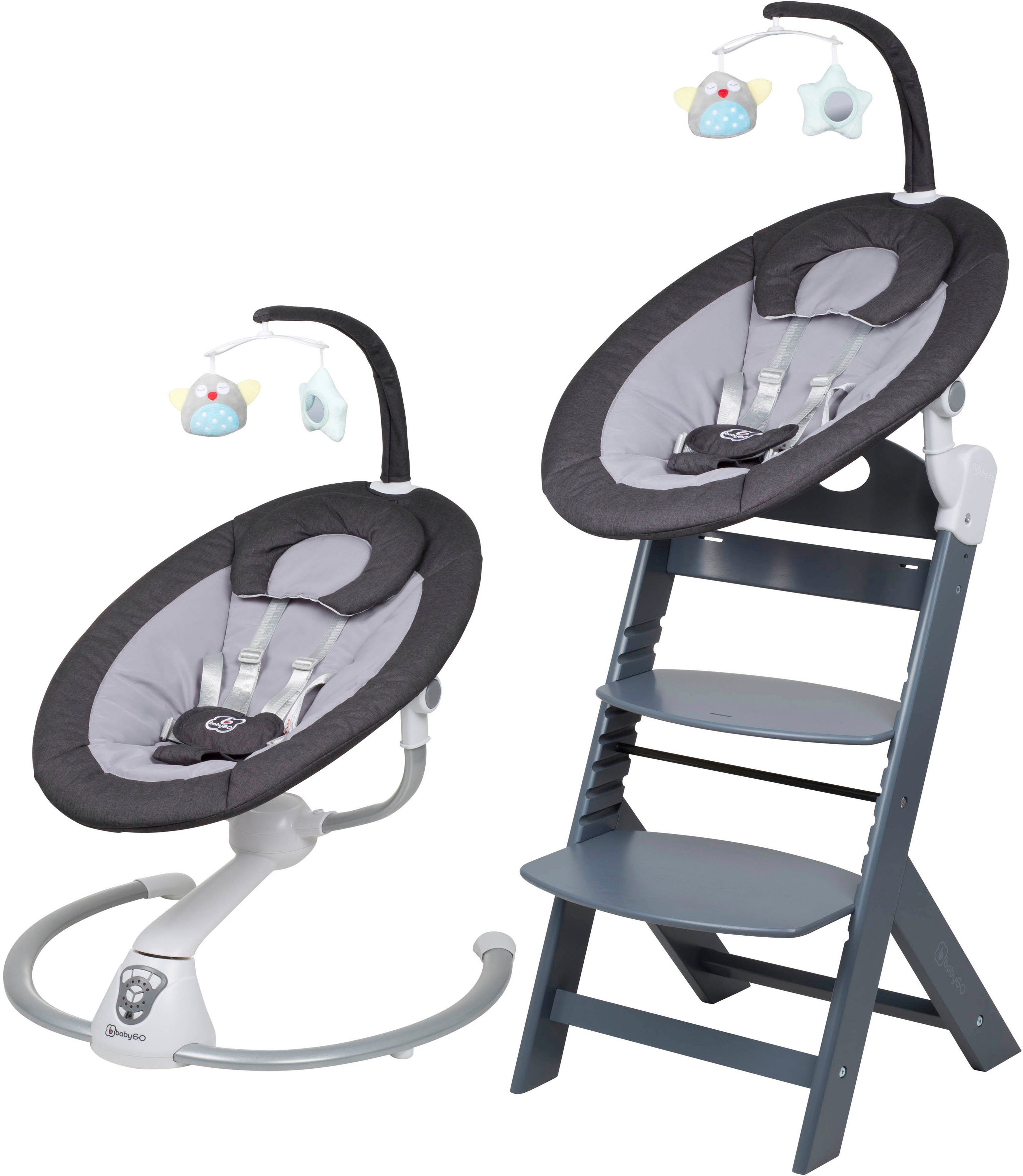 BabyGo Hochstuhl Family Homey Set, grau/dunkelgrau, mit elektrischer Babywippe inkl. Spielbogen