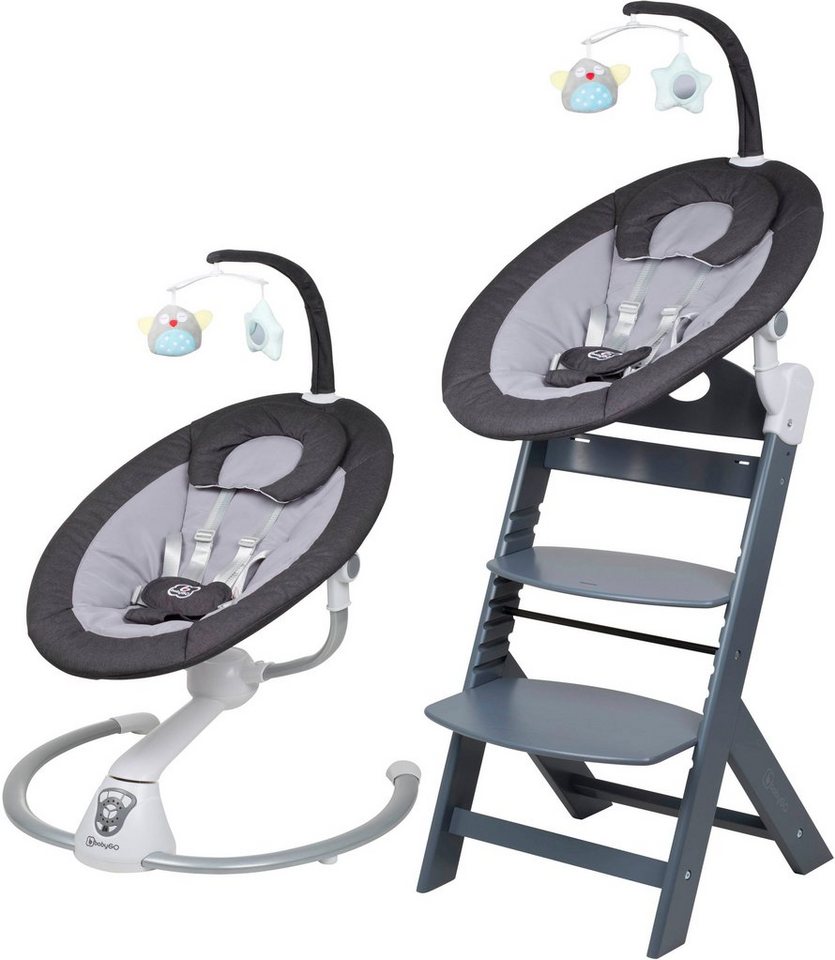 BabyGo Hochstuhl Family Homey Set, grau/dunkelgrau, mit elektrischer  Babywippe inkl. Spielbogen