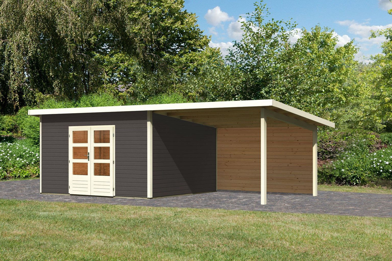Karibu Gartenhaus Karibu Gartenhaus Northeim, 38 mm, 724 x 393 cm, Typ 5, terragrau, inkl. 3,3 m Anbaudach mit Rückw