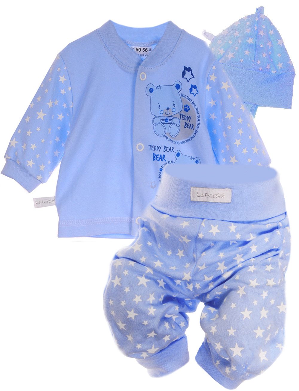 La Bortini Langarmshirt & Hose Baby Anzug Hemdchen Schlupfhose Mütze Set mit Bärchen Aufdruck aus Baumwolle, mit Sternen oder Punkten Muster und Bären Aufdruck