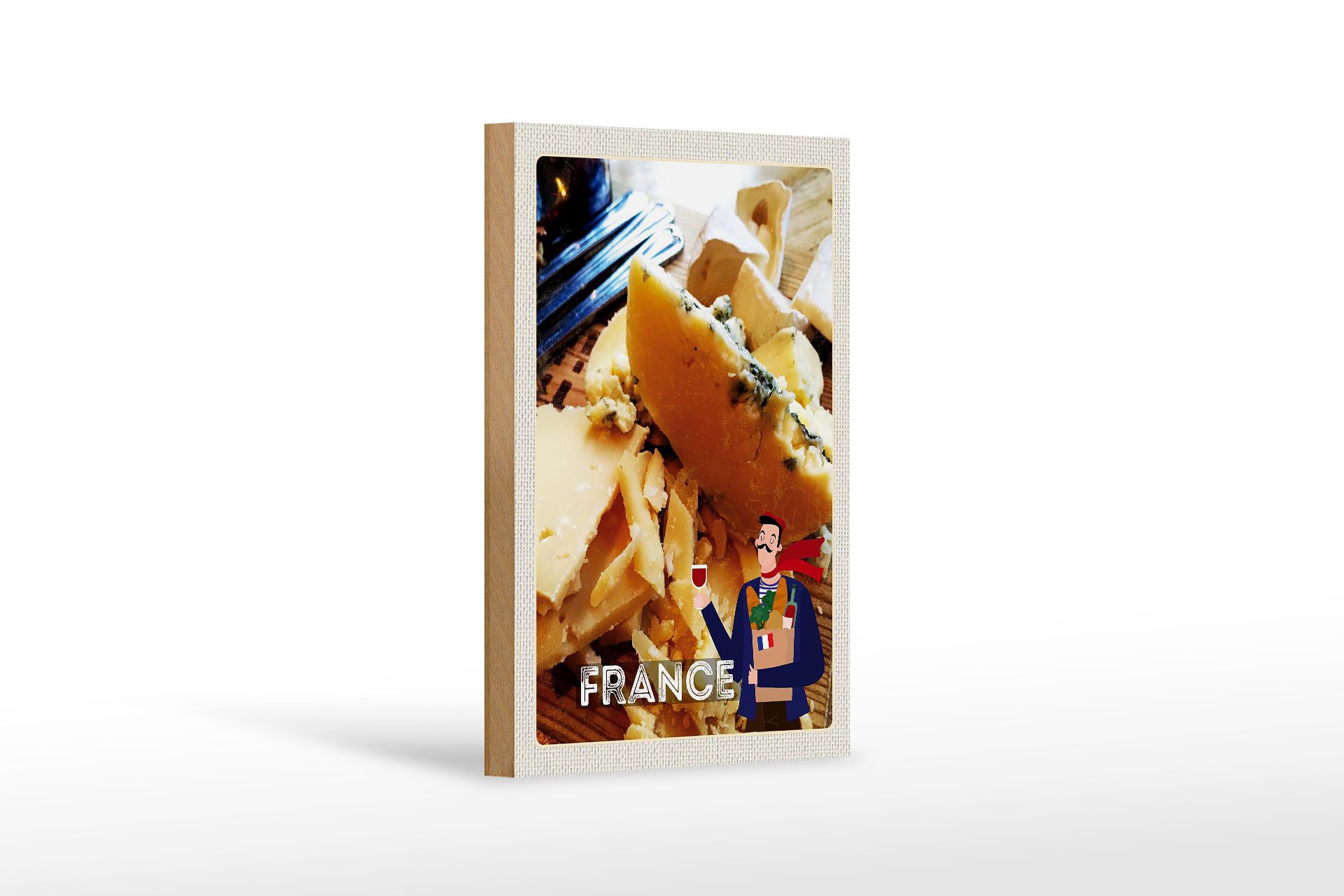 Femer GmbH Holzbild Reise 12x18cm Frankreich Käsesorten Wein Baguette, (1 St), Glatte Holzfaserplatte (MDF), vorn beschichtet